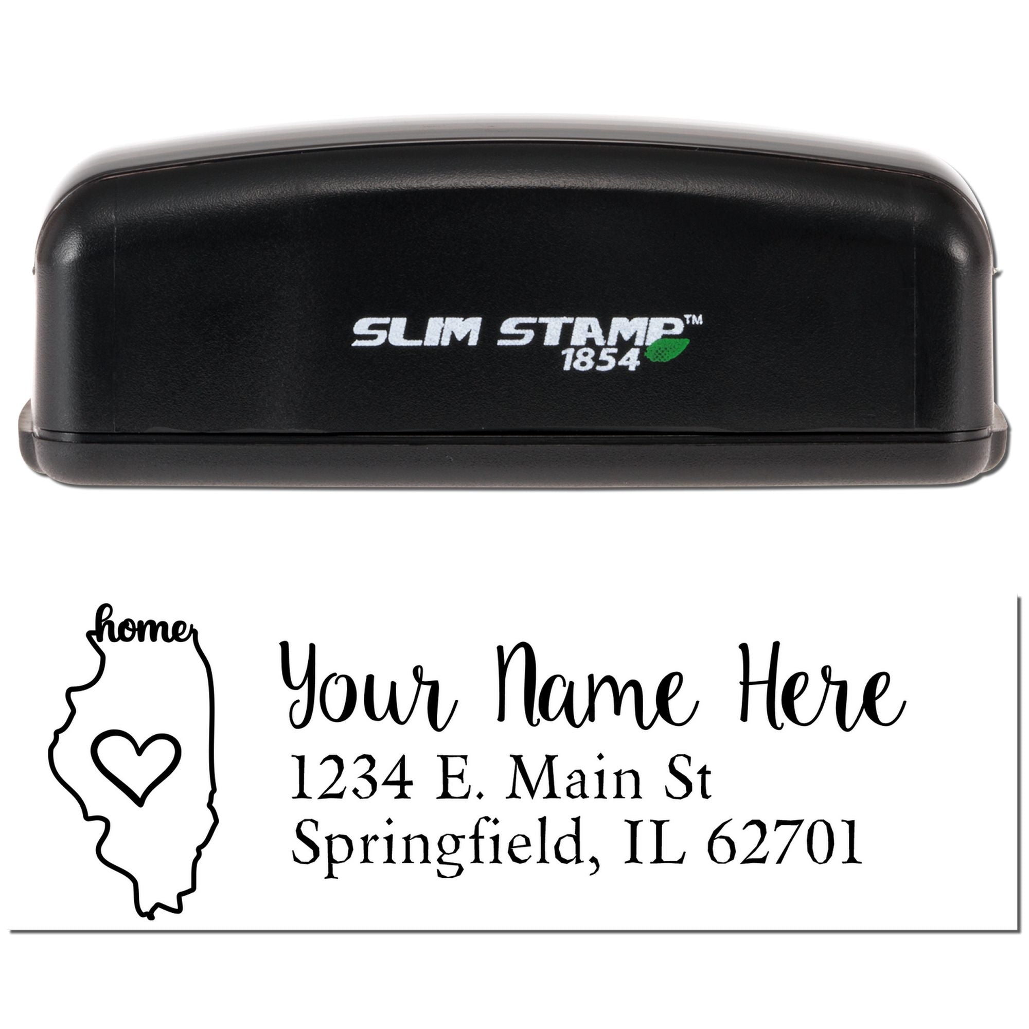 Custom self-inking rubber stamp with Slim Stamp 1854 case and personalized Illinois home return address design