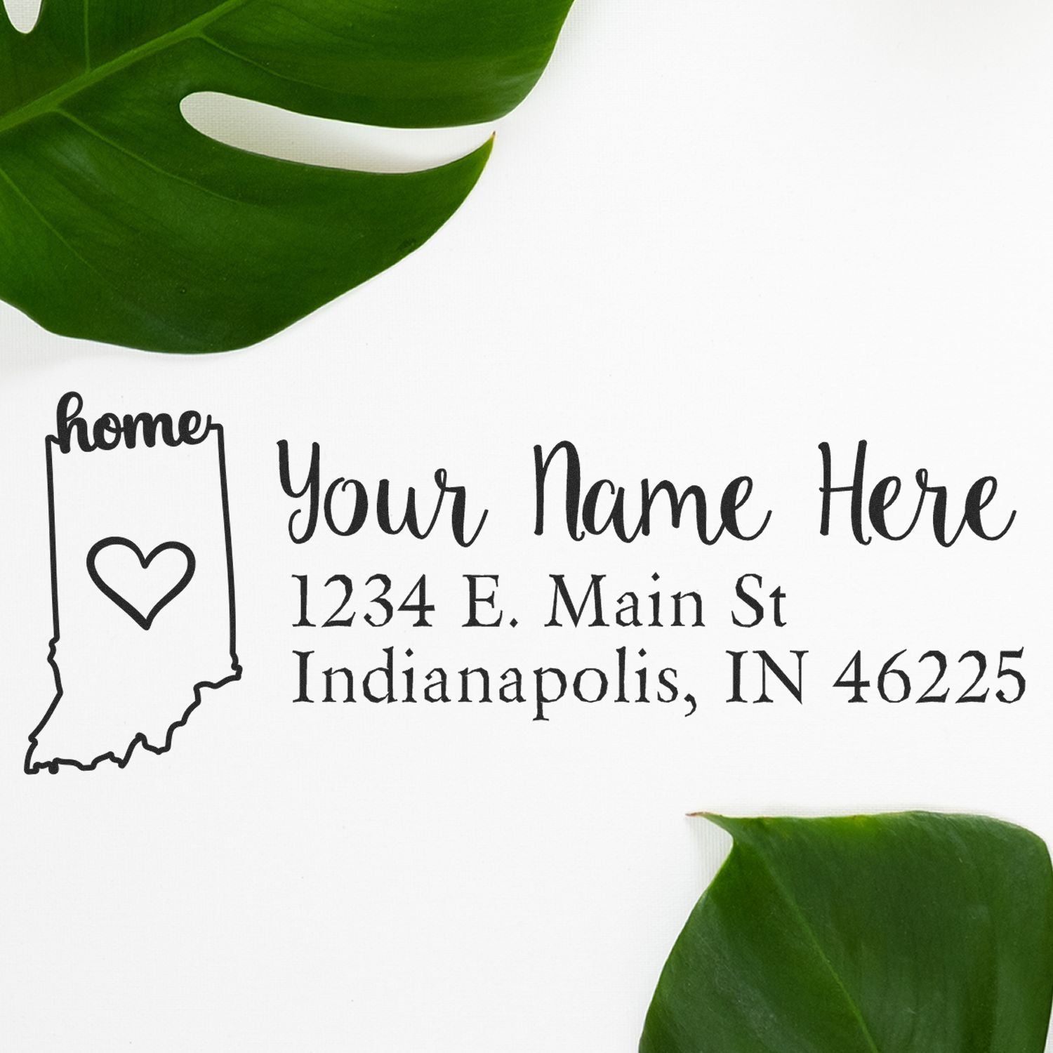 Custom Indiana return address rubber stamp with home heart design and personalized name, street address, city, and ZIP code.