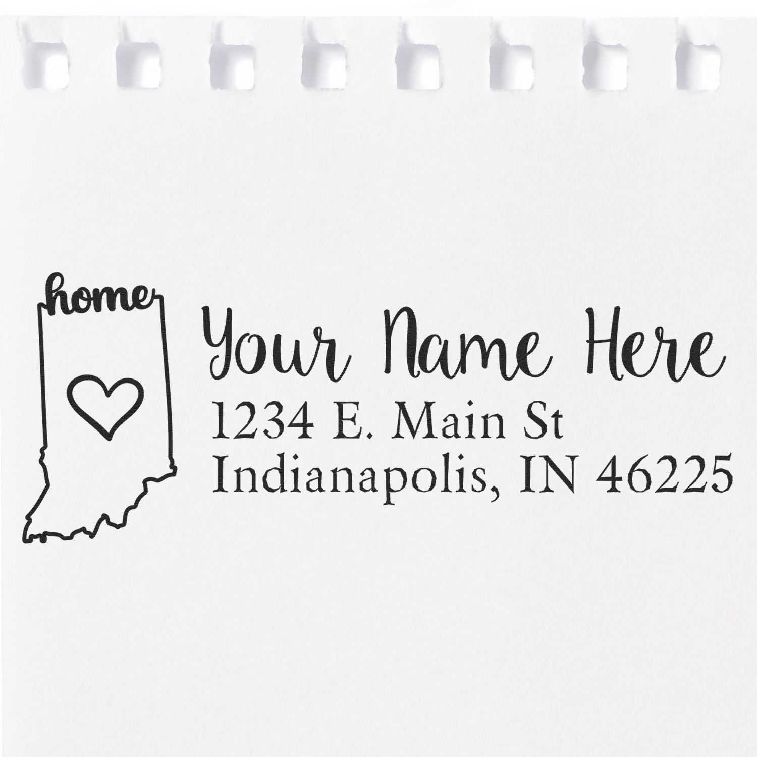 Custom return address rubber stamp featuring Indiana home icon and personalized Indianapolis, IN mailing address.