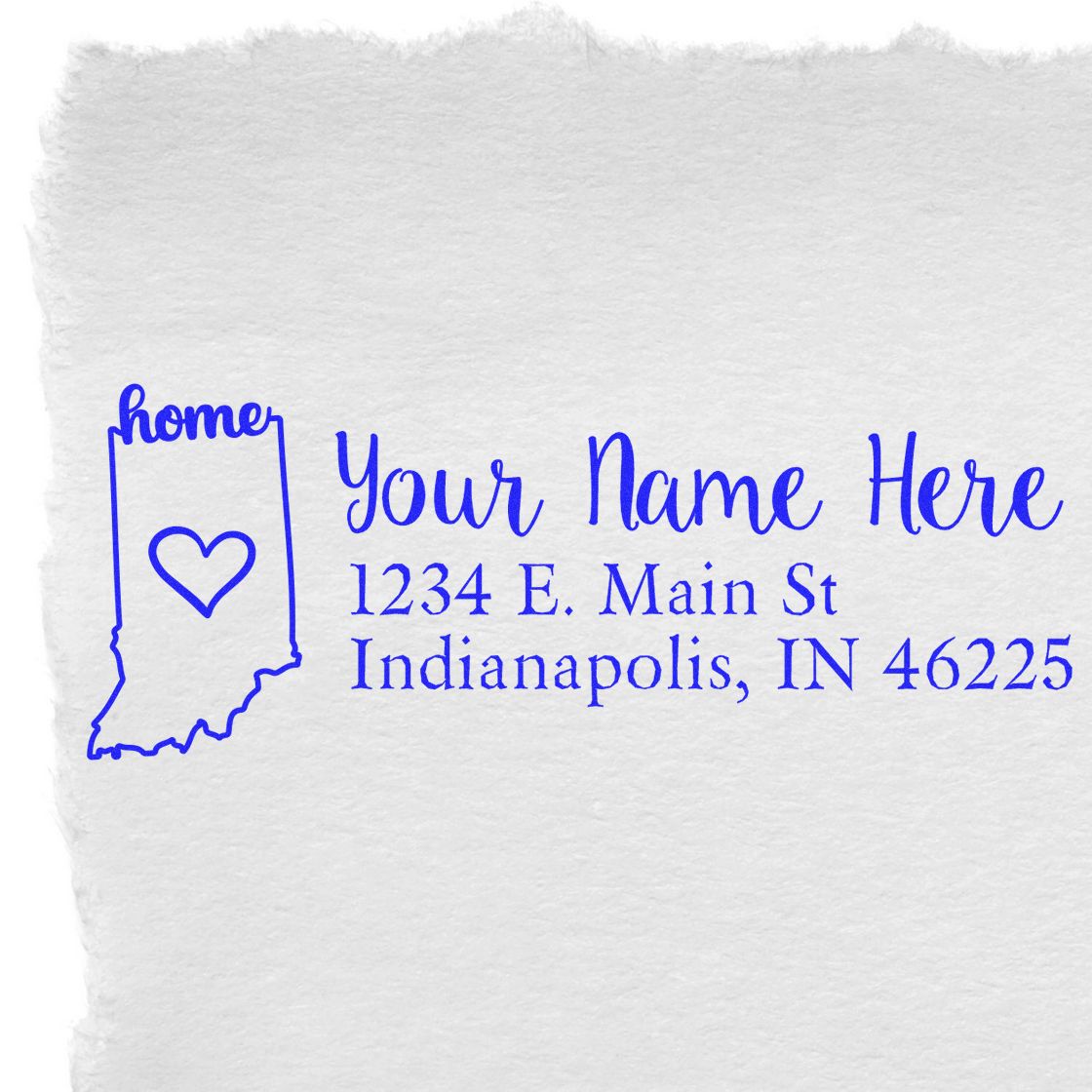 Custom personalized return address rubber stamp with Indiana home icon and Indianapolis address.