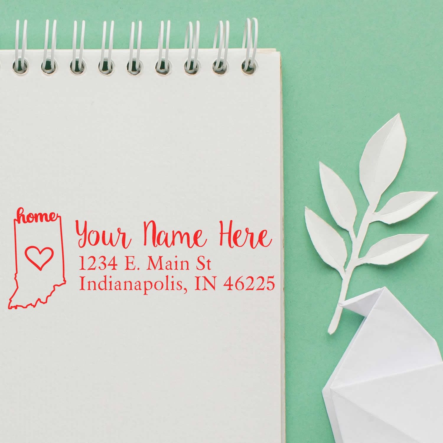 Custom return address rubber stamp with Indiana home design and personalized Indianapolis, IN address sample.