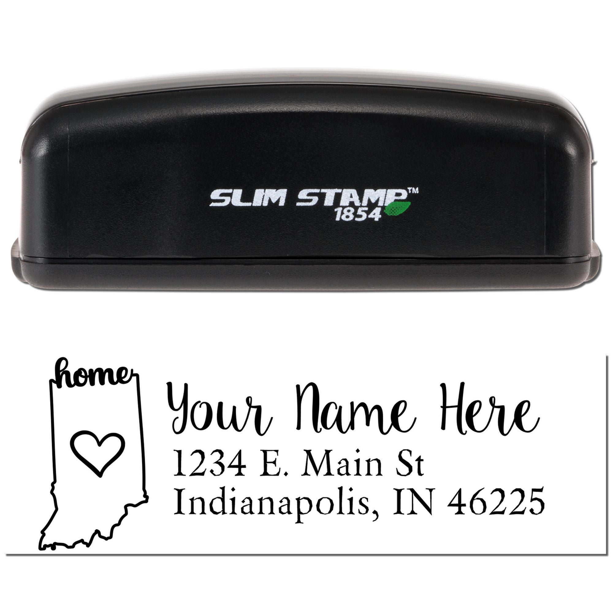 Custom home address rubber stamp with Indiana outline, name, and mailing address for personalized stamping.