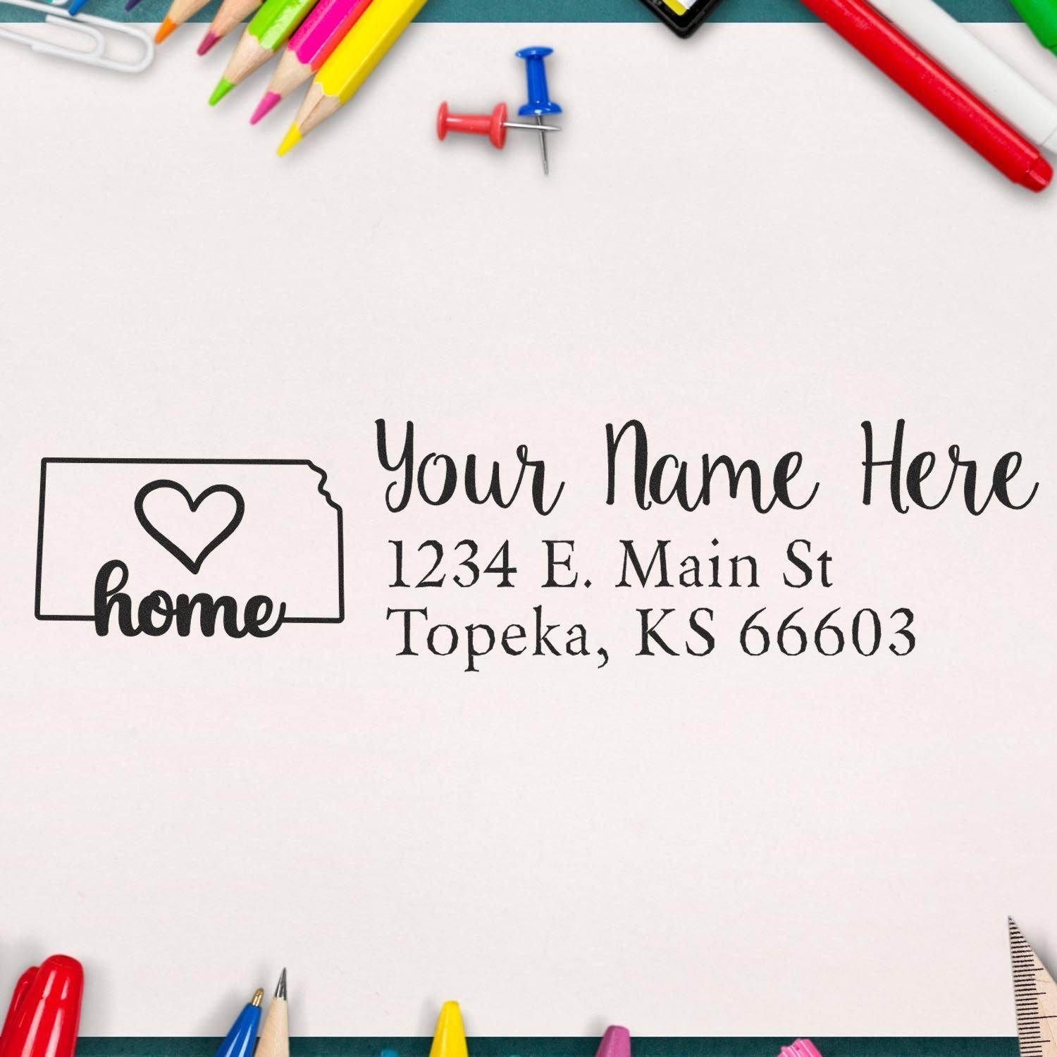 Custom return address rubber stamp with heart and home design, personalized name and address for stationery.