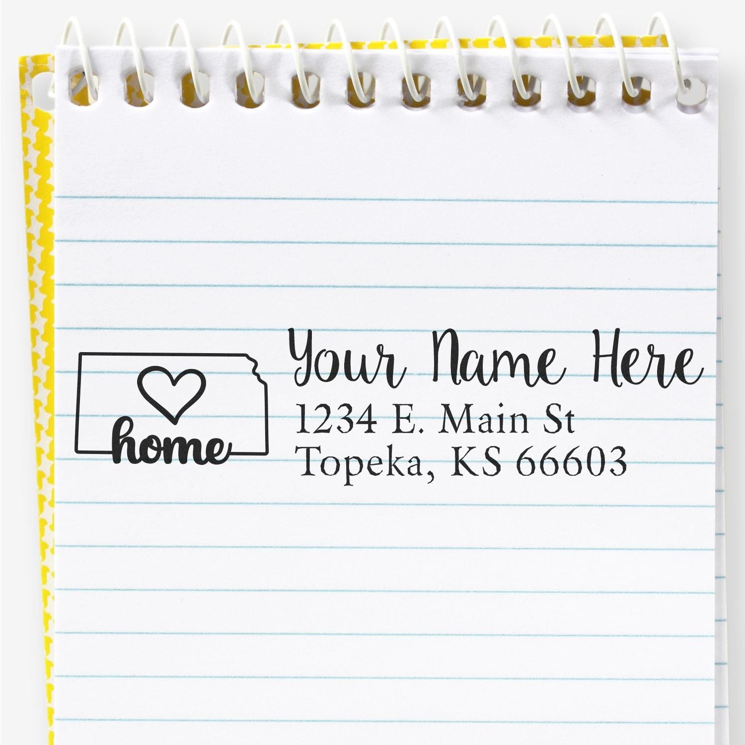 Personalized home address rubber stamp with heart icon, custom name, street address, and city for mailing and labels.
