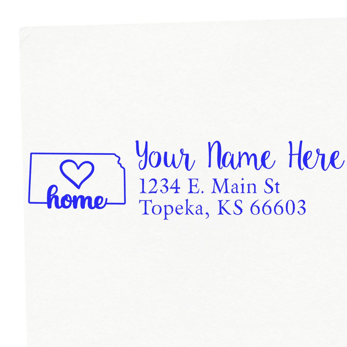 Custom home address rubber stamp with state outline and heart, personalized name and address for envelopes and stationery.