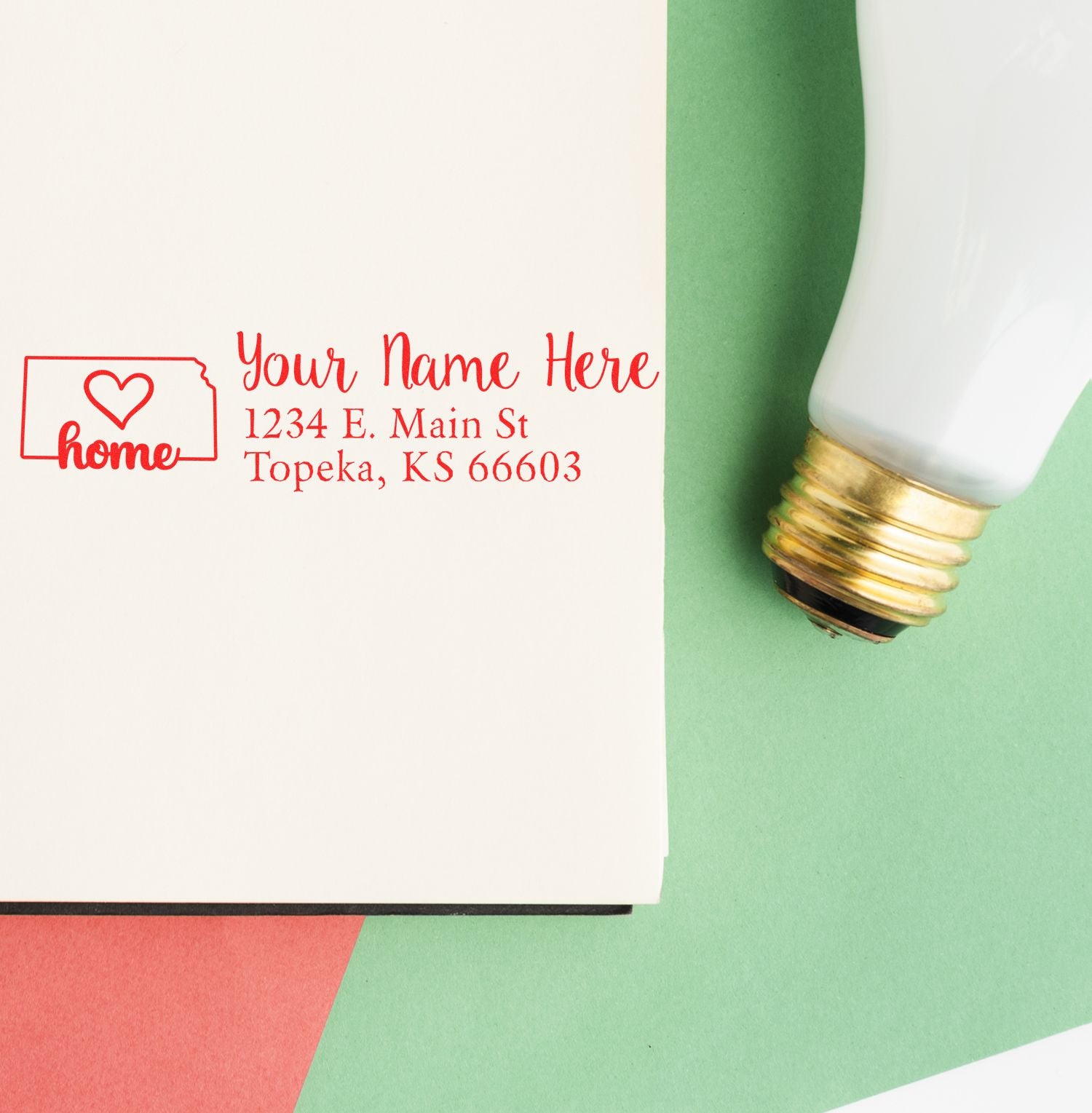 Custom return address rubber stamp with heart home design, name, and address for personalized mailing.