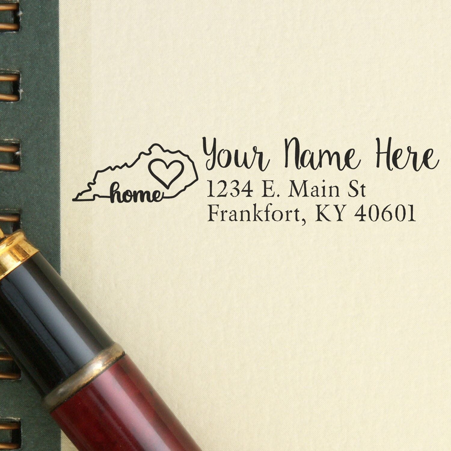 Custom Kentucky return address rubber stamp with home outline and heart, personalized name and address for envelopes.