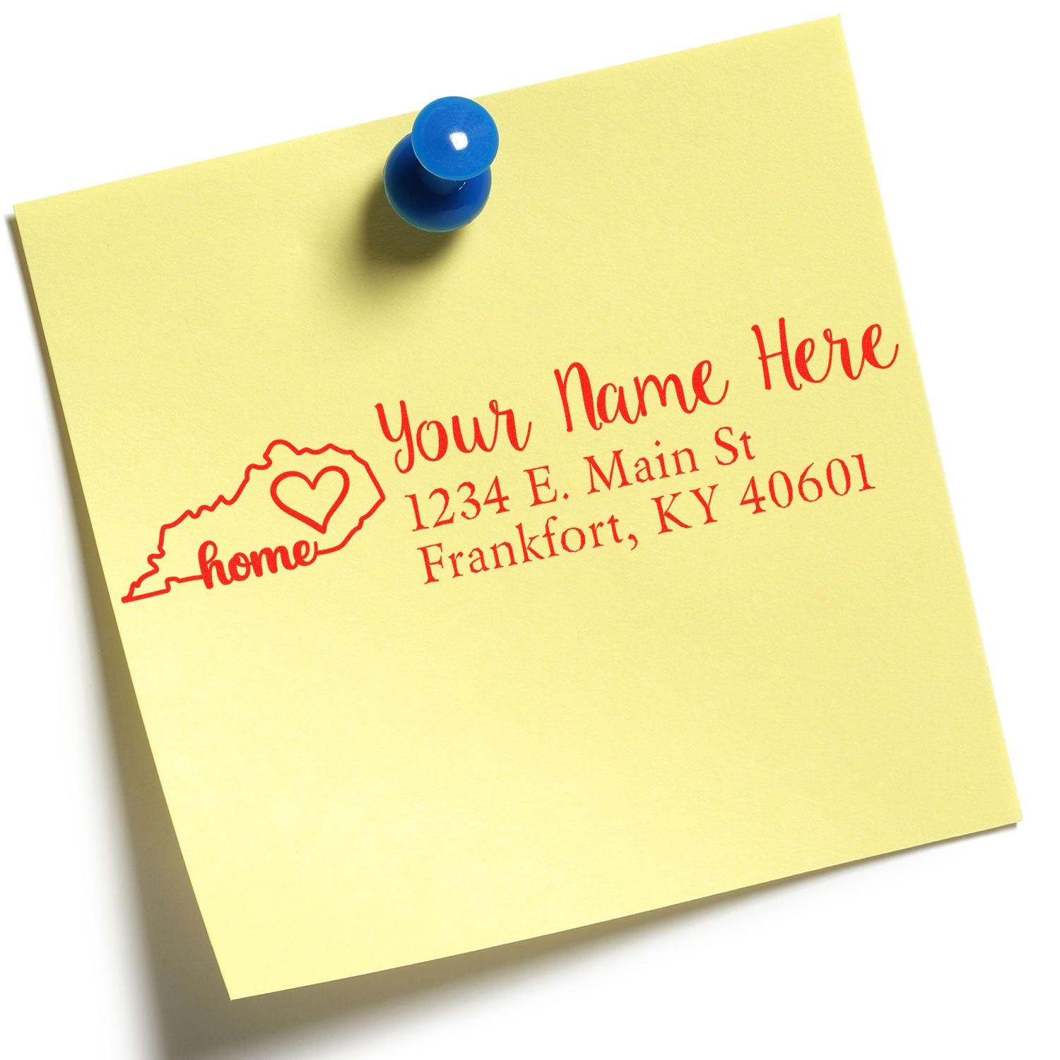 Custom return address rubber stamp impression on sticky note, featuring home icon and personalized name and address.