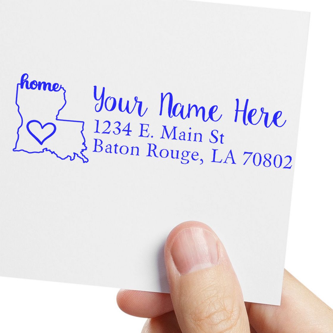 Custom return address rubber stamp with Louisiana home outline, personalized name, street address, and Baton Rouge, LA ZIP code.