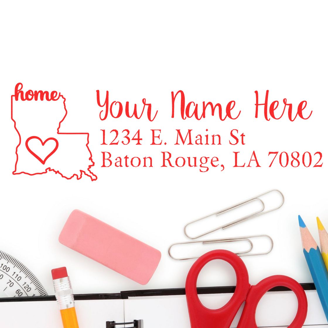 Personalized Louisiana return address rubber stamp with custom name, street address, and Baton Rouge, LA 70802.