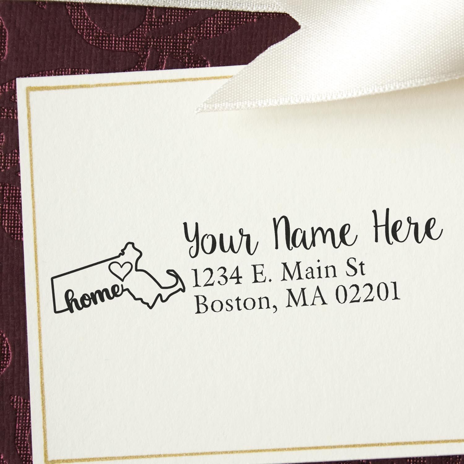 Personalized return address rubber stamp with Massachusetts home design for envelopes, stationery, and wedding mail.