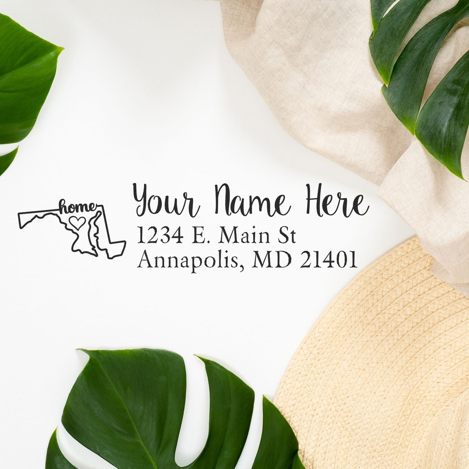 Personalized Maryland address rubber stamp with home icon, name, and return address for envelopes, mail, and business use.