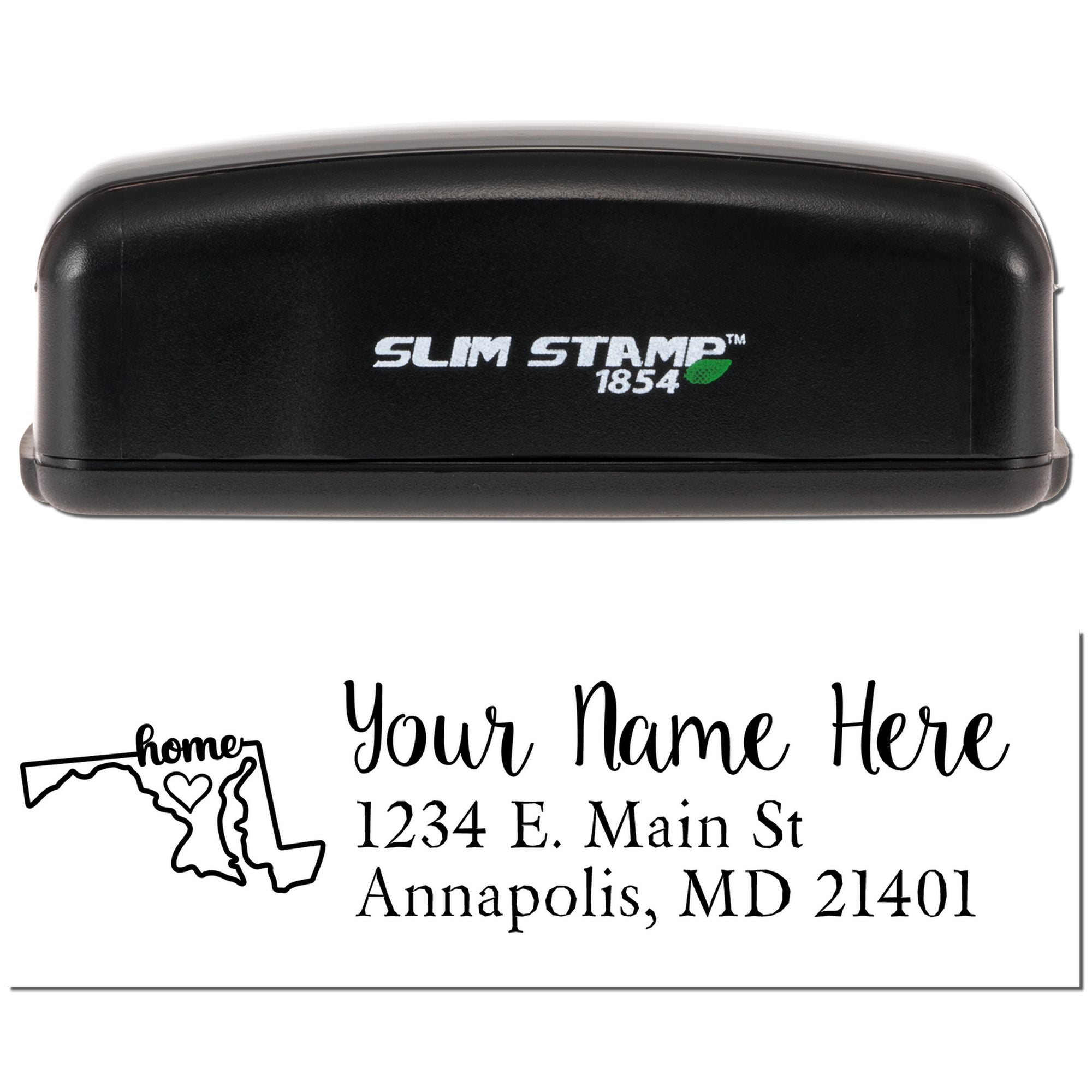 Slim Stamp 1854 self-inking rubber stamp for custom return address printing with Maryland home icon and personalized name, street, and city.
