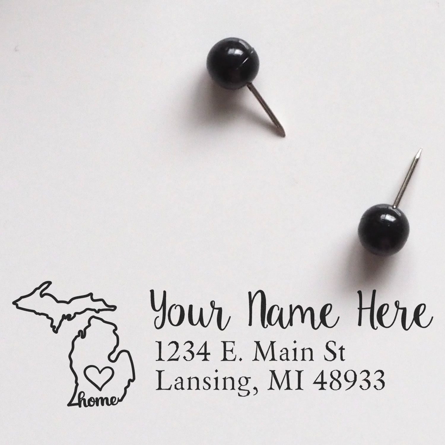 Custom Michigan return address rubber stamp design with state outline, home icon, and personalized address.