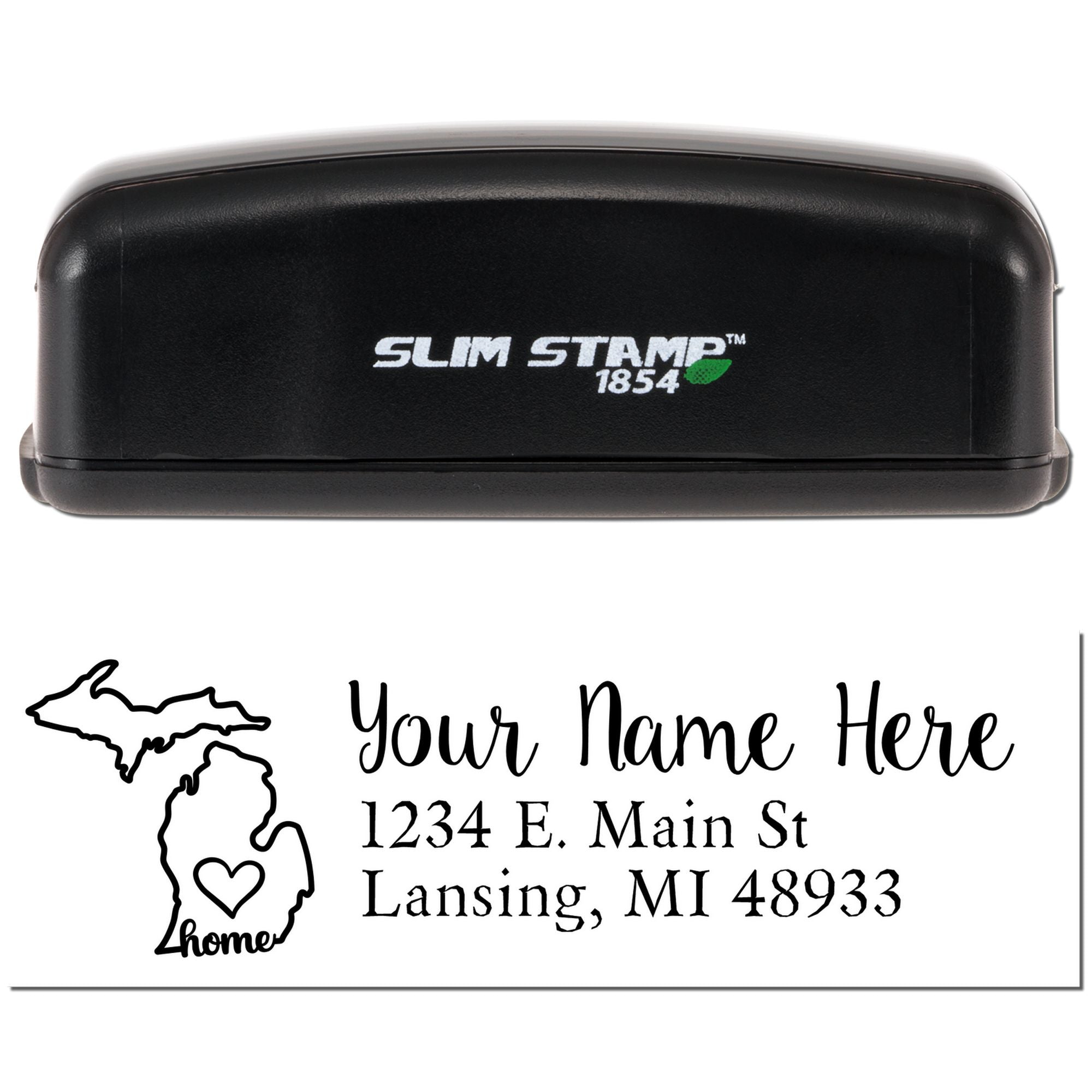 Custom Slim Stamp 1854 rubber stamp with Michigan home design and personalized return address for name and address printing.