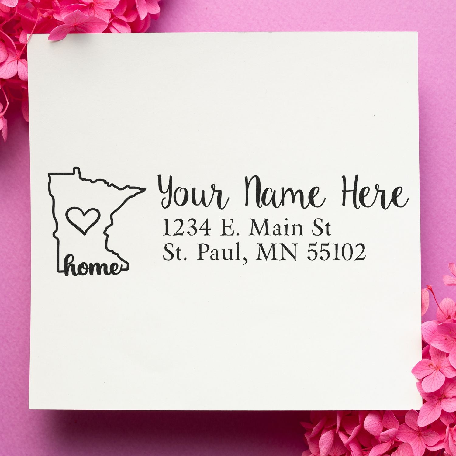 Custom return address rubber stamp with Minnesota home outline and heart, personalized with name and St. Paul, MN address.