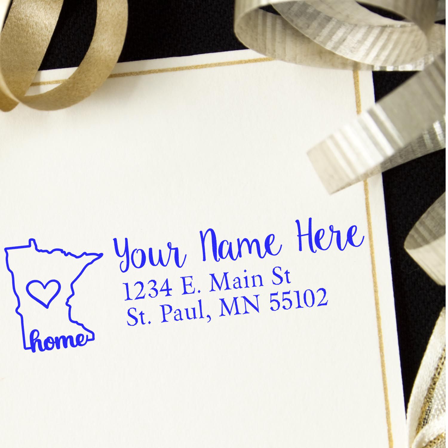 Custom Minnesota home return address rubber stamp with personalized name and address for stationery or wedding invitations.