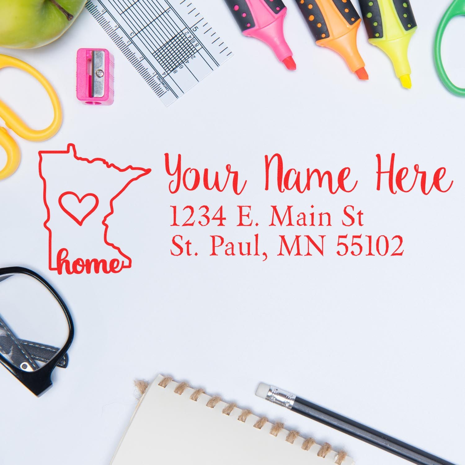 Personalized return address rubber stamp with Minnesota home design, name, and mailing address.