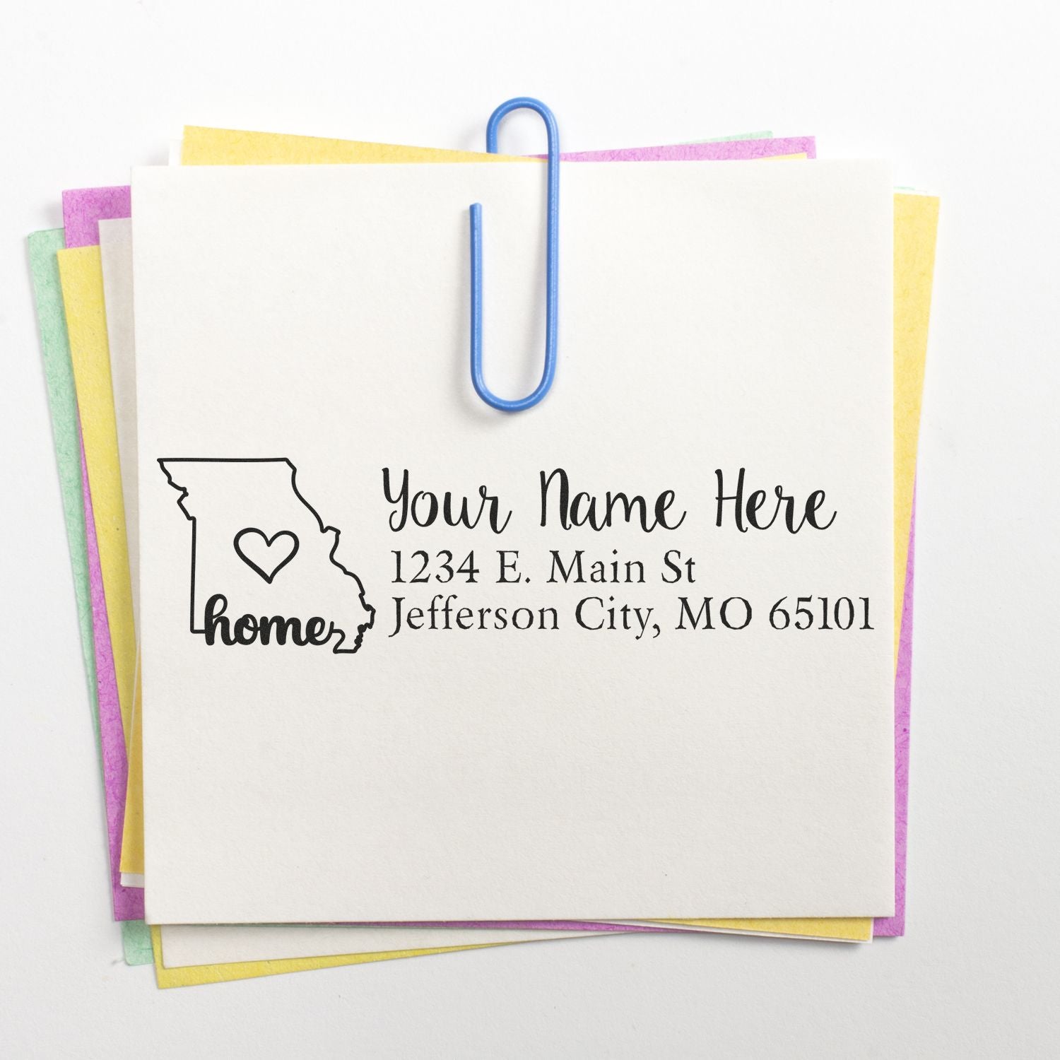 Custom return address rubber stamp with Missouri home outline, heart, and personalized name and address for mailings.