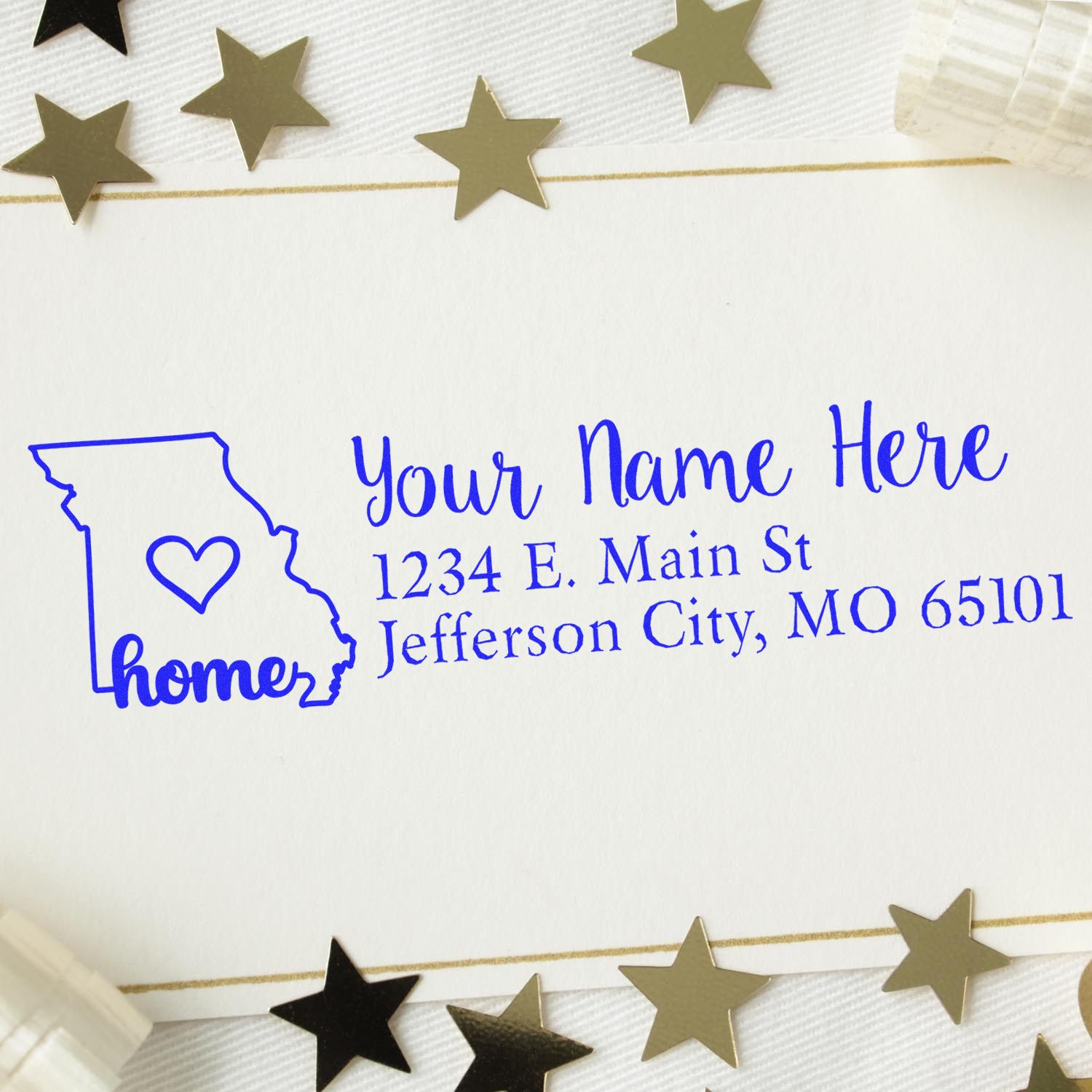 Personalized Missouri home return address rubber stamp for envelopes, stationery, and custom gift labeling.