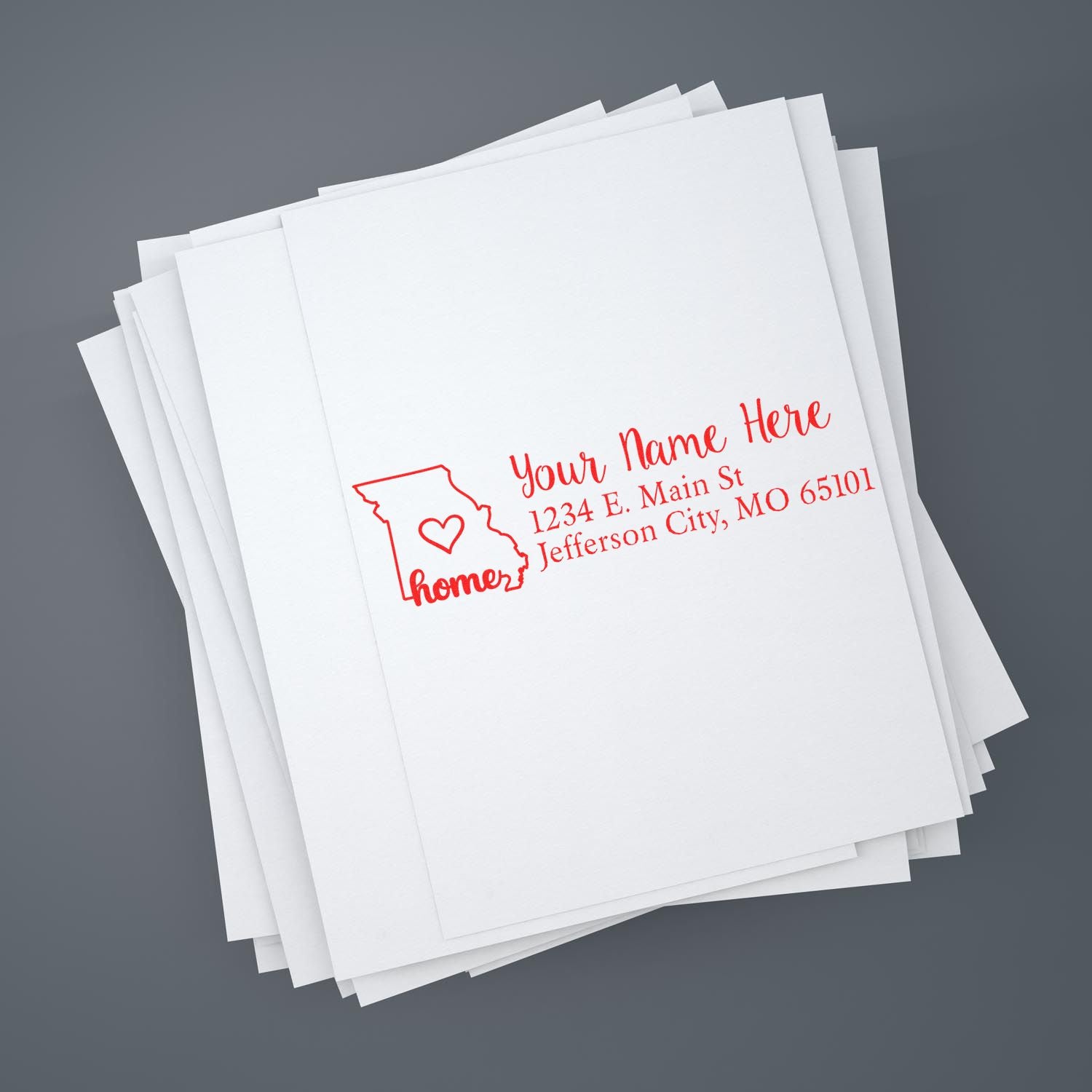 Custom rubber return address stamp with Missouri home design and personalized name and address for envelopes.