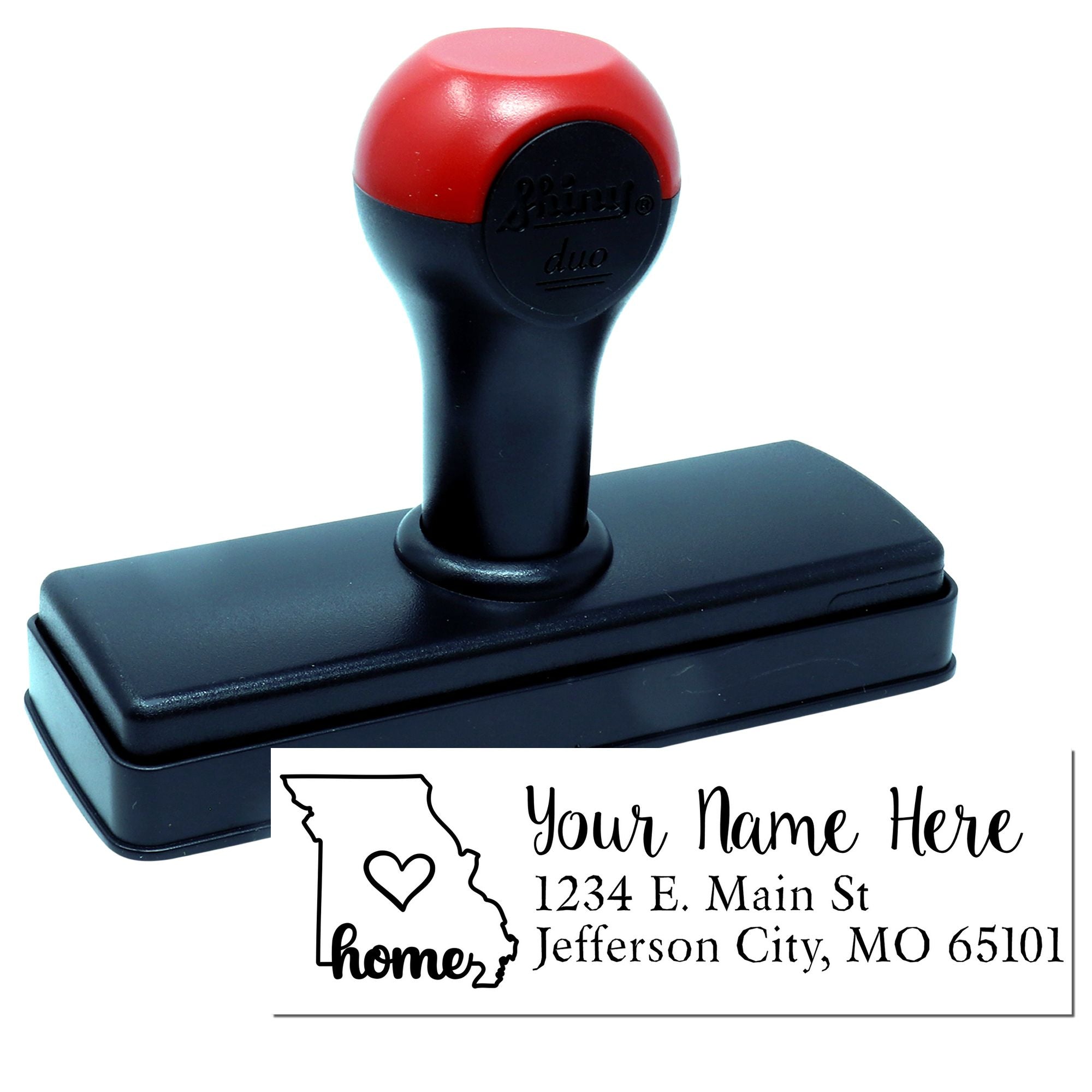 Custom self-inking rubber address stamp with Missouri home design for personalized return addresses and mailing labels.