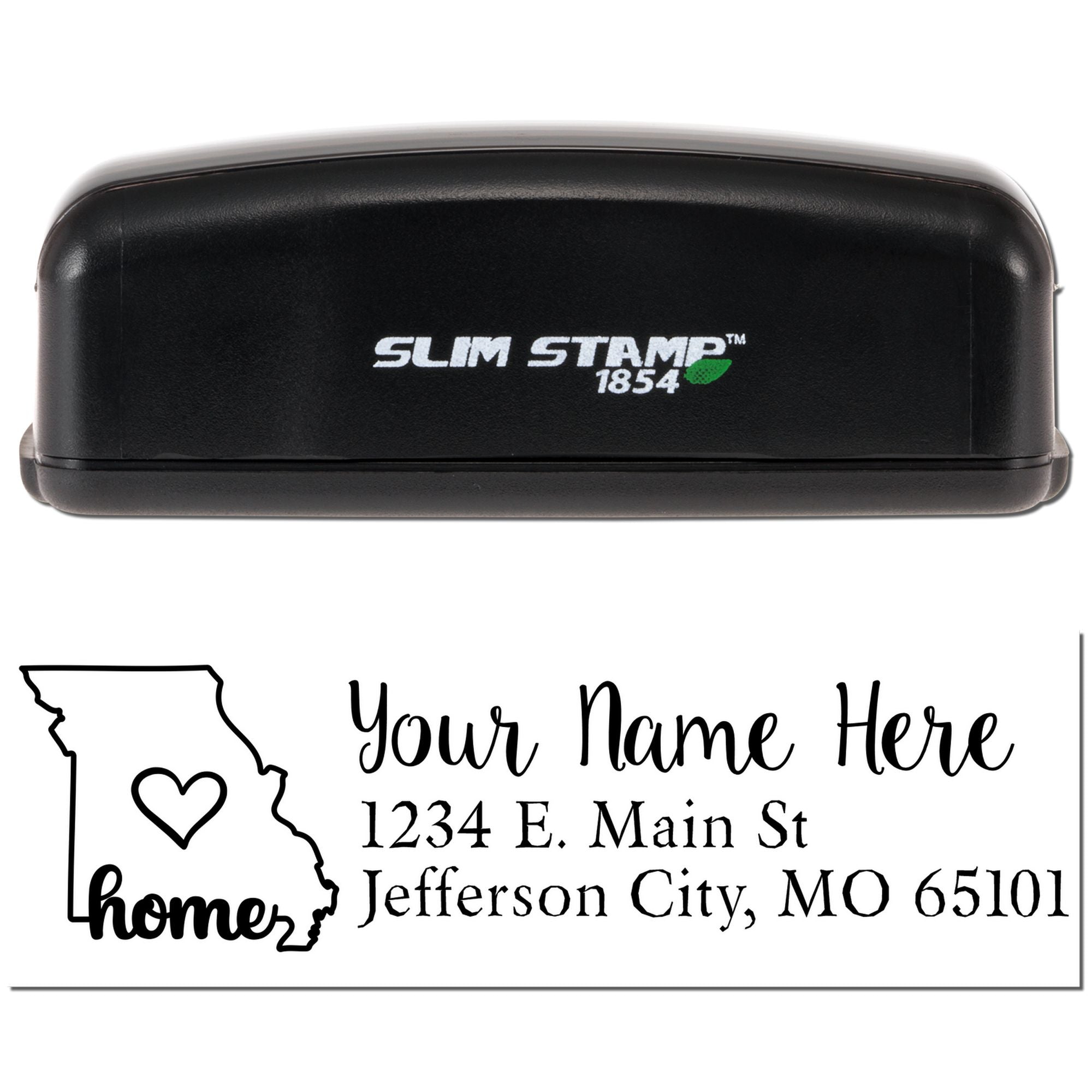 Slim Stamp 1854 custom address rubber stamp with Missouri home design, personalized name, and return address imprint