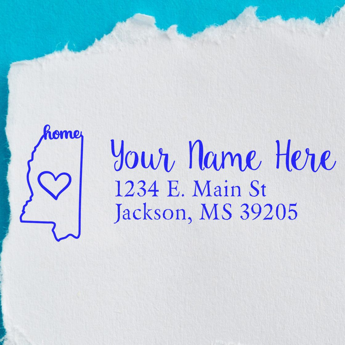 Custom return address rubber stamp with Mississippi outline and heart, personalized home address stamp for mail.