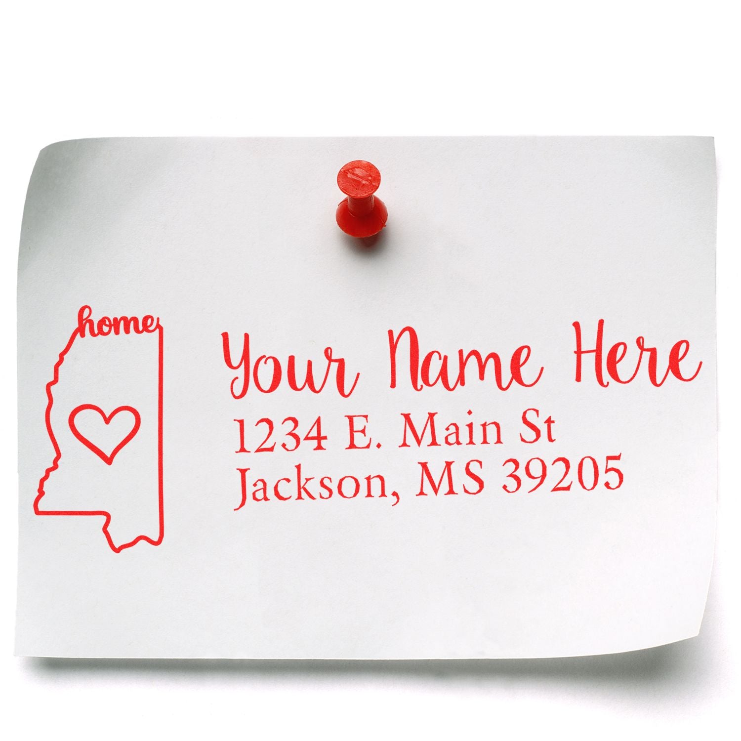 Custom return address rubber stamp with Mississippi home outline and heart for personalized envelopes and mailings