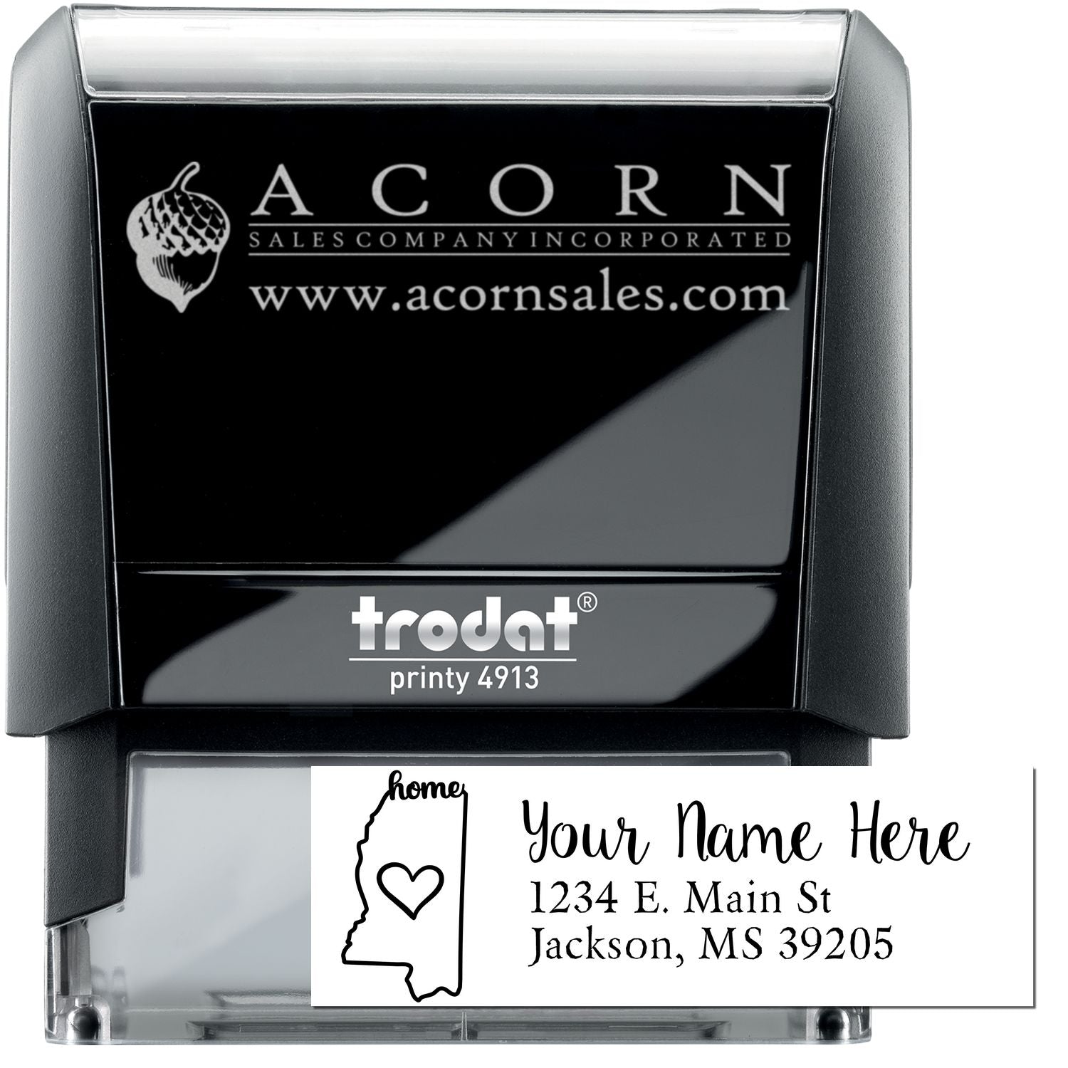 Custom self-inking rubber address stamp, Trodat Printy 4913, with personalized Mississippi home return address design.