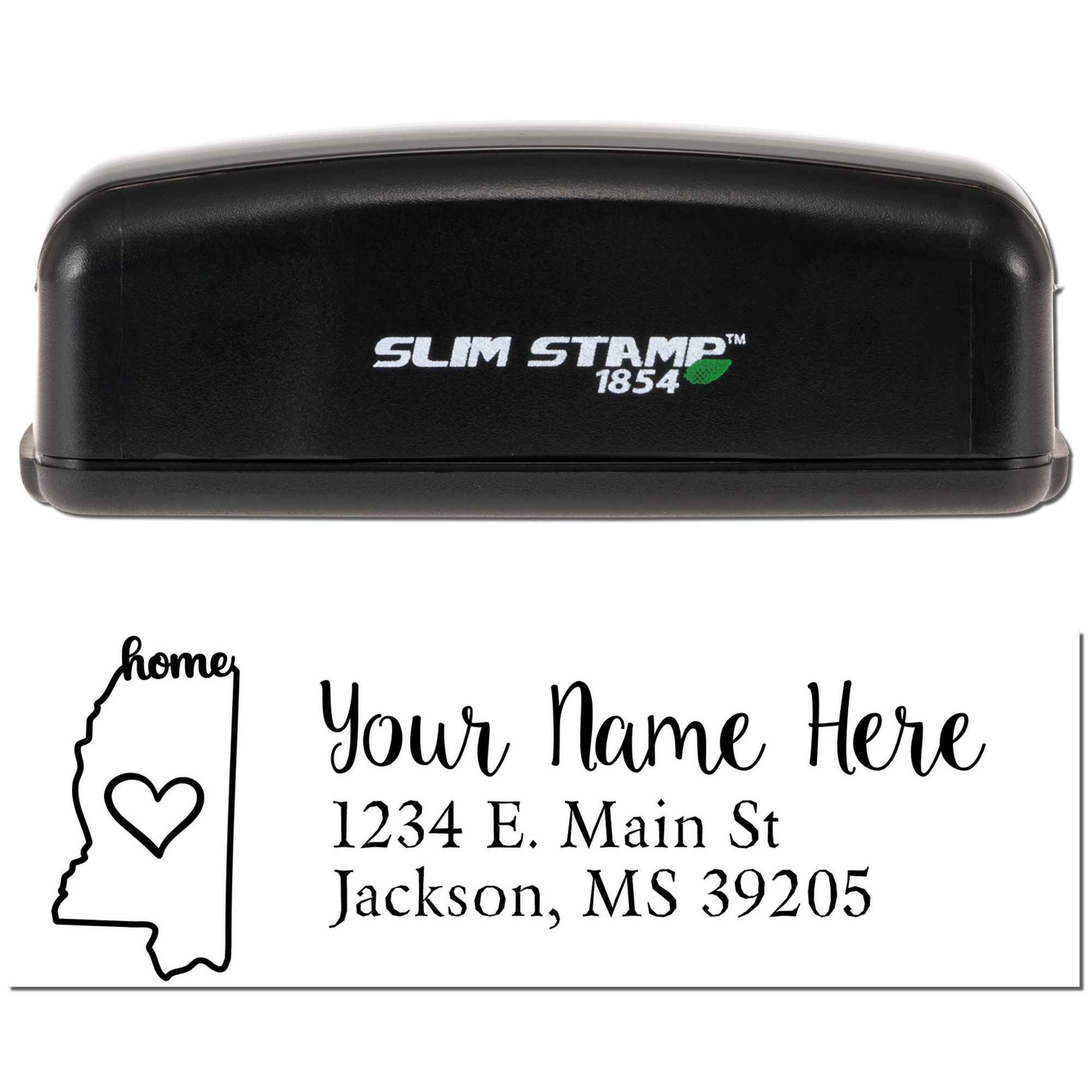 Custom Slim Stamp 1854 self-inking rubber stamp with personalized home address design and Mississippi outline.