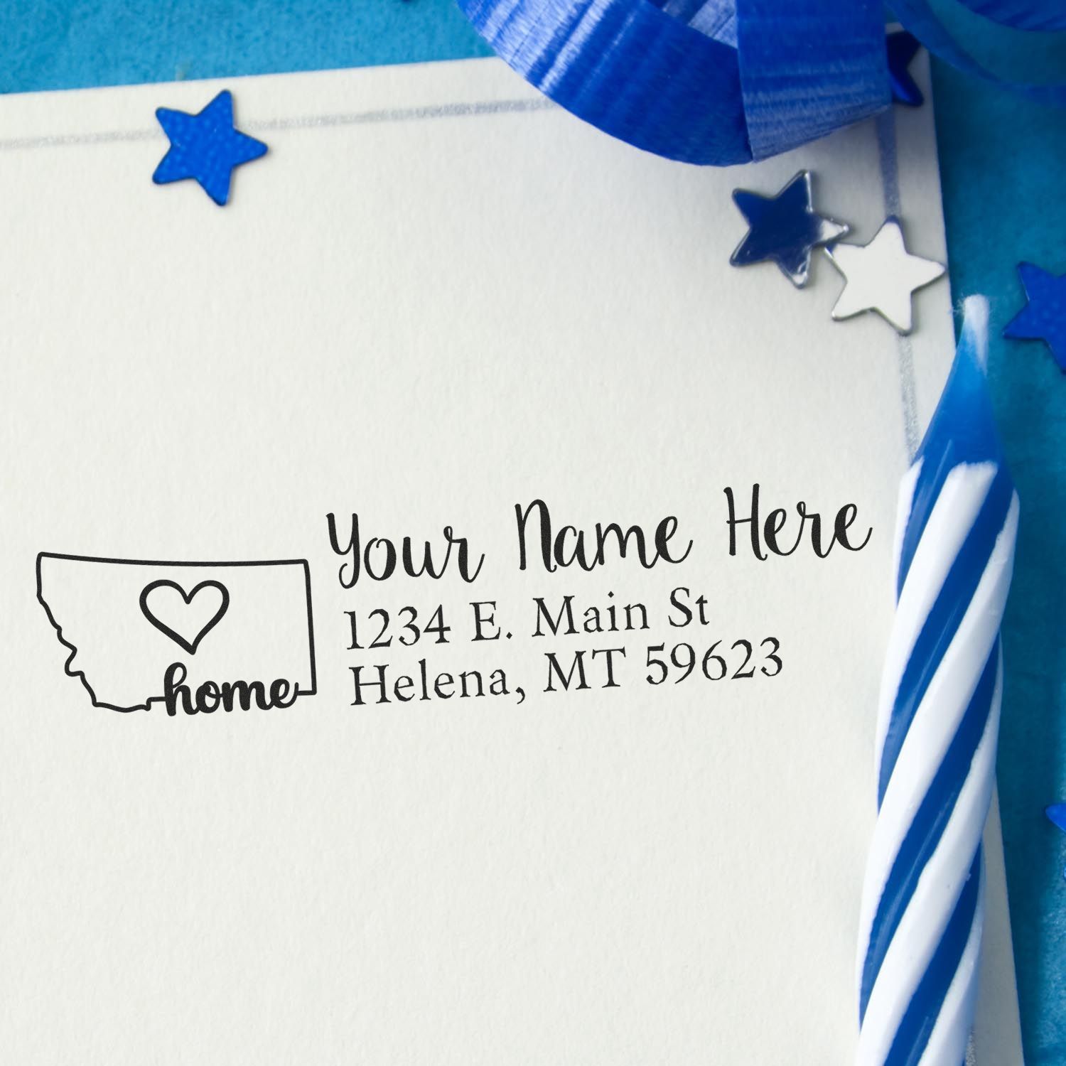 Custom return address rubber stamp featuring Montana home design for envelopes, invitations, and patriotic stationery.