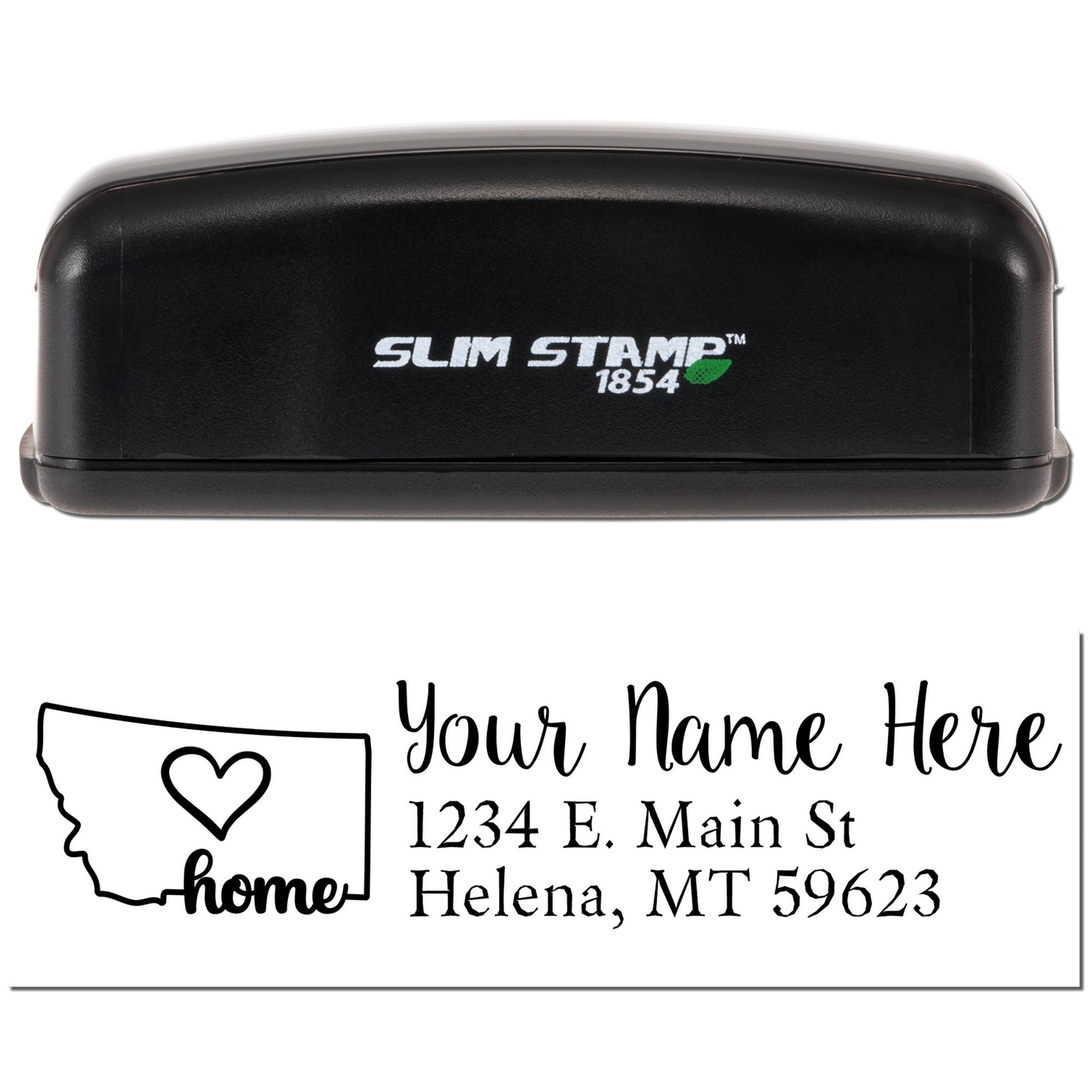 Custom self-inking rubber address stamp with Montana home design, personalized name, and return address using Slim Stamp 1854.