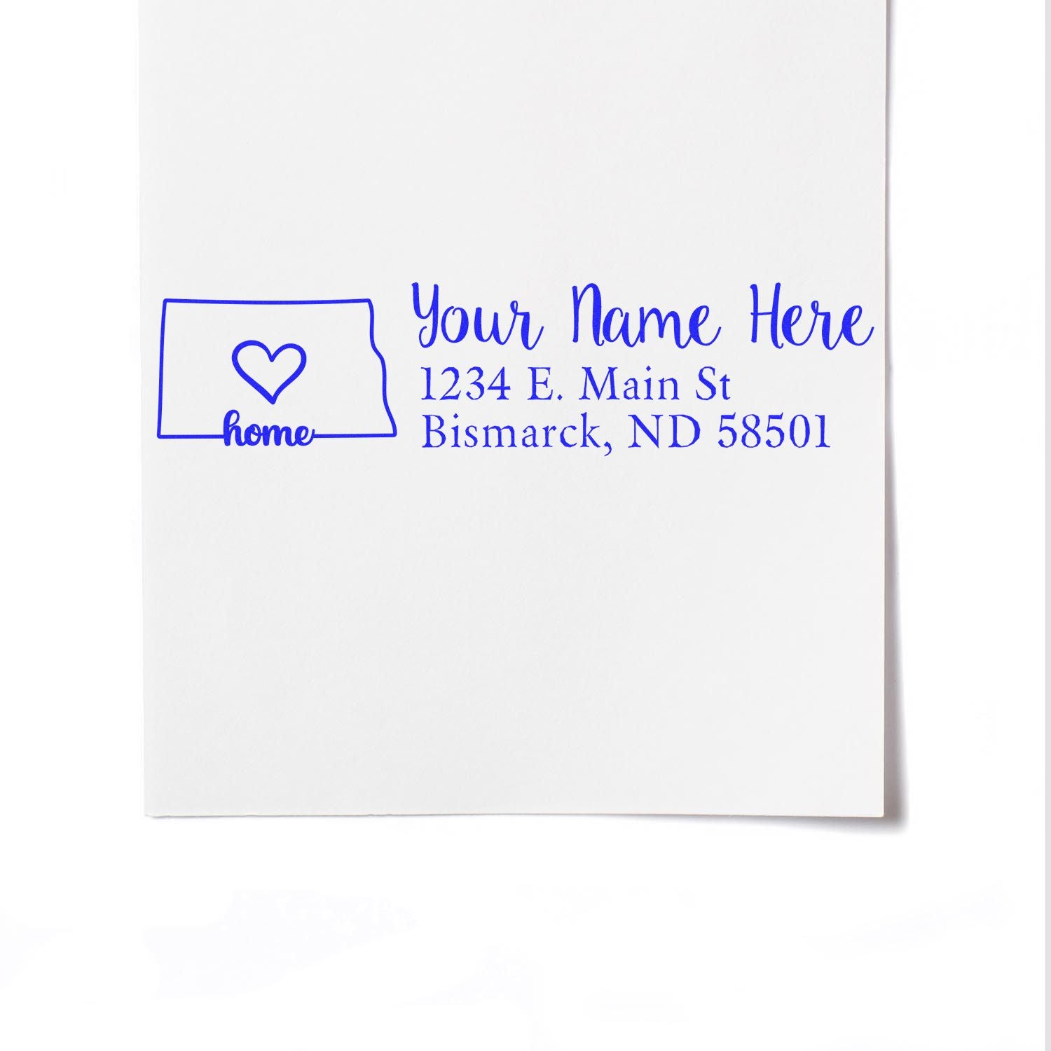 Custom return address rubber stamp with heart home design, personalized for Bismarck, ND