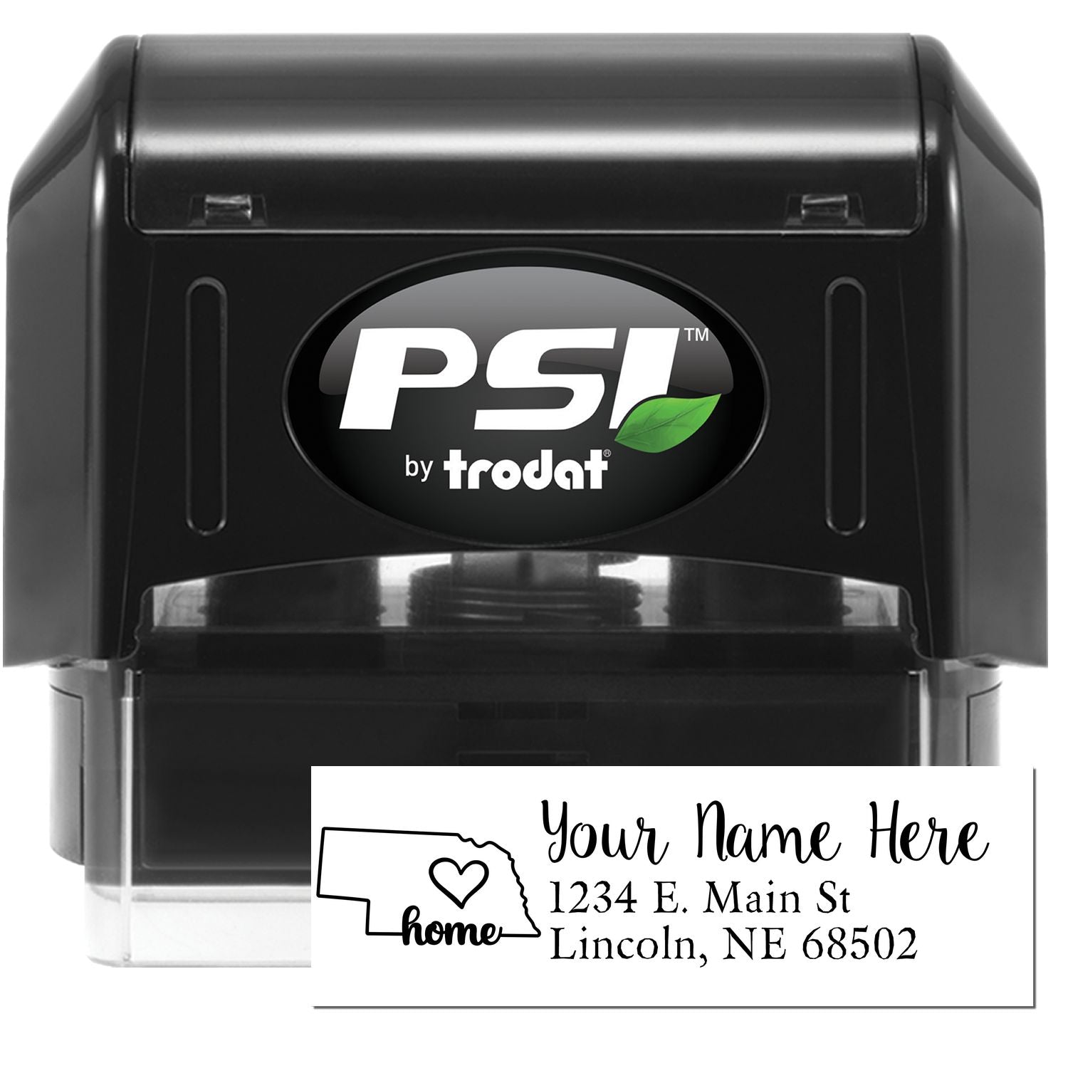 PSI by Trodat self-inking rubber stamp with custom address design and home state icon for personalized mailing and return addresses.