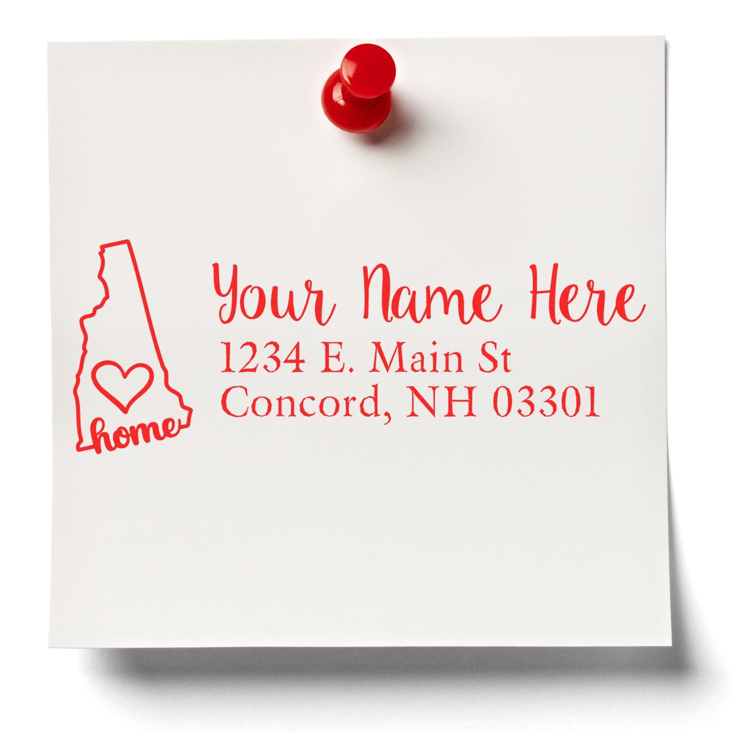 Custom return address rubber stamp with New Hampshire home design and personalized name and address for mailing.