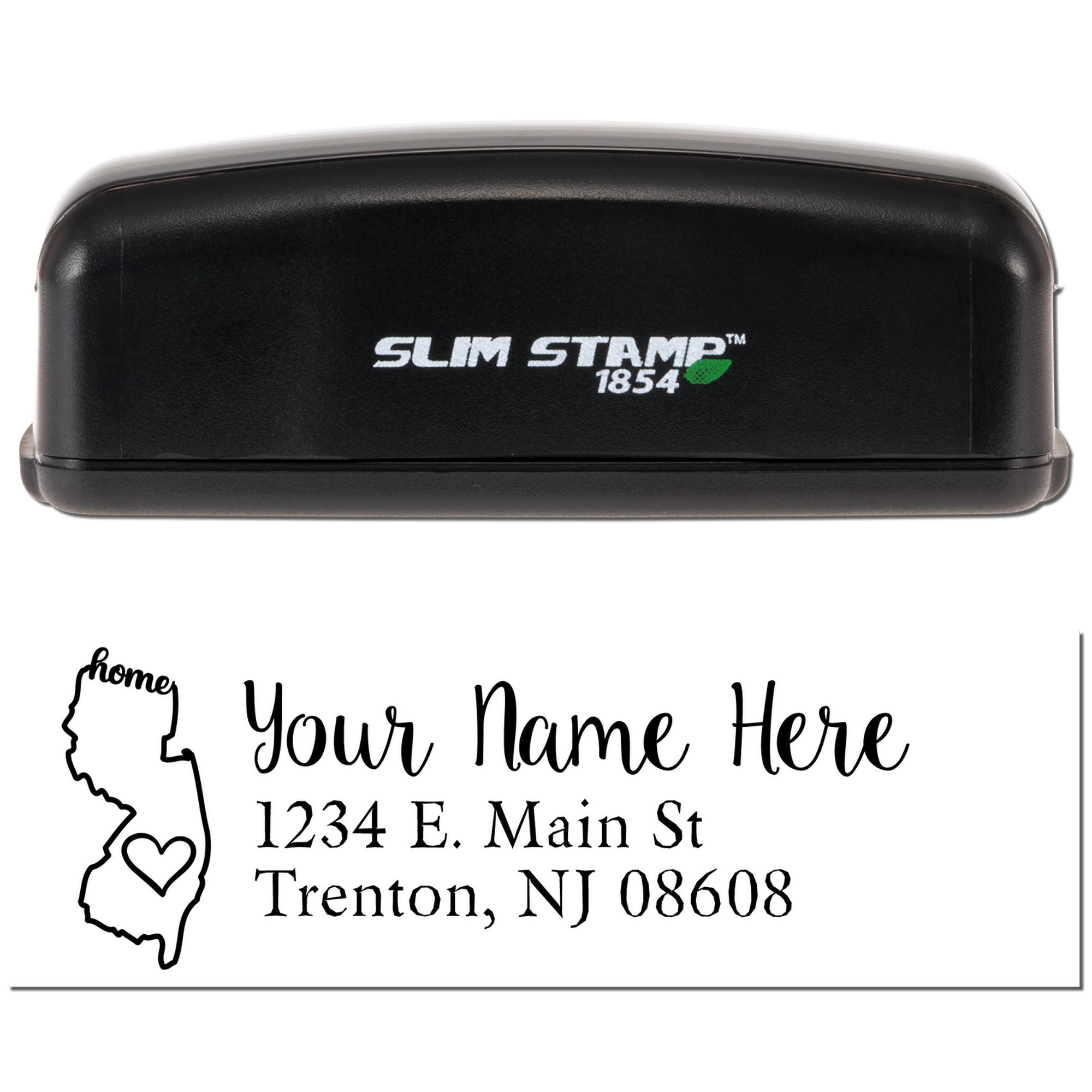Custom return address rubber stamp with Slim Stamp 1854 case and New Jersey home outline for personalized mailing imprints.
