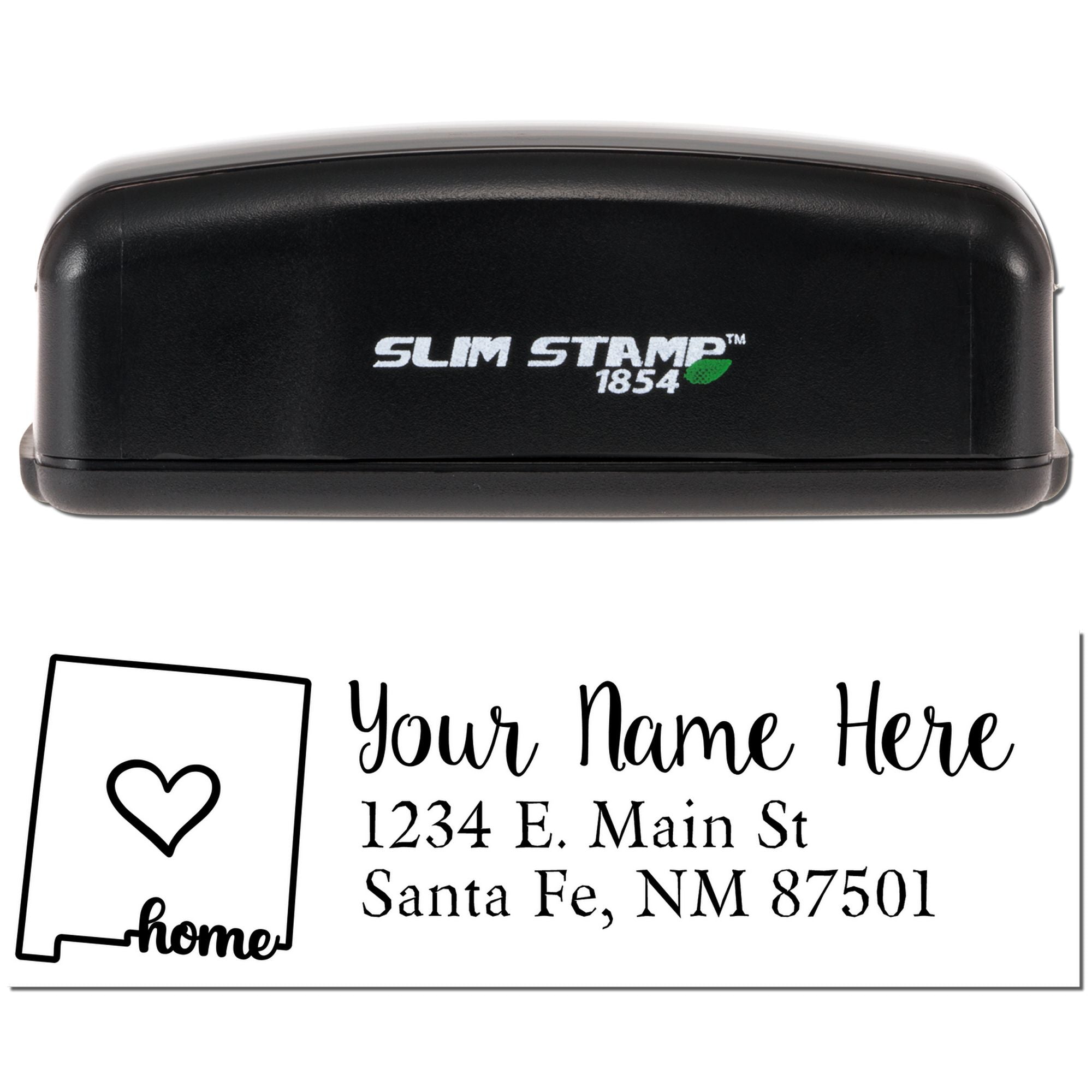 Custom return address rubber stamp with heart home design and self-inking Slim Stamp case.