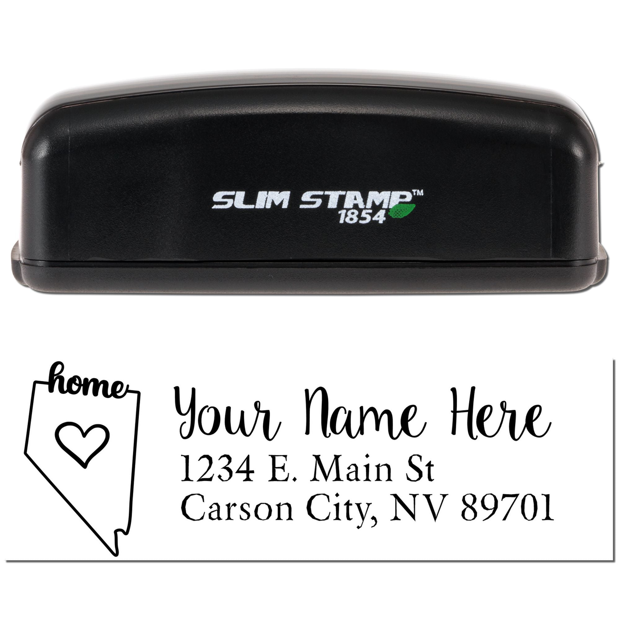 Slim Stamp 1854 self-inking custom address rubber stamp with personalized name, home icon, and Carson City, NV return address.