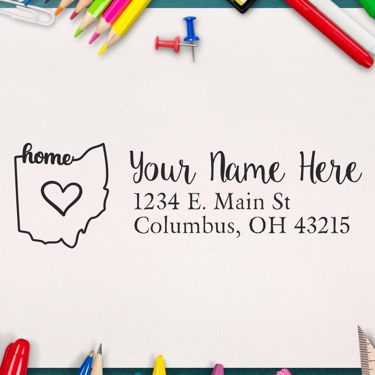 Custom Ohio return address rubber stamp with home and heart design, personalized name and mailing address.