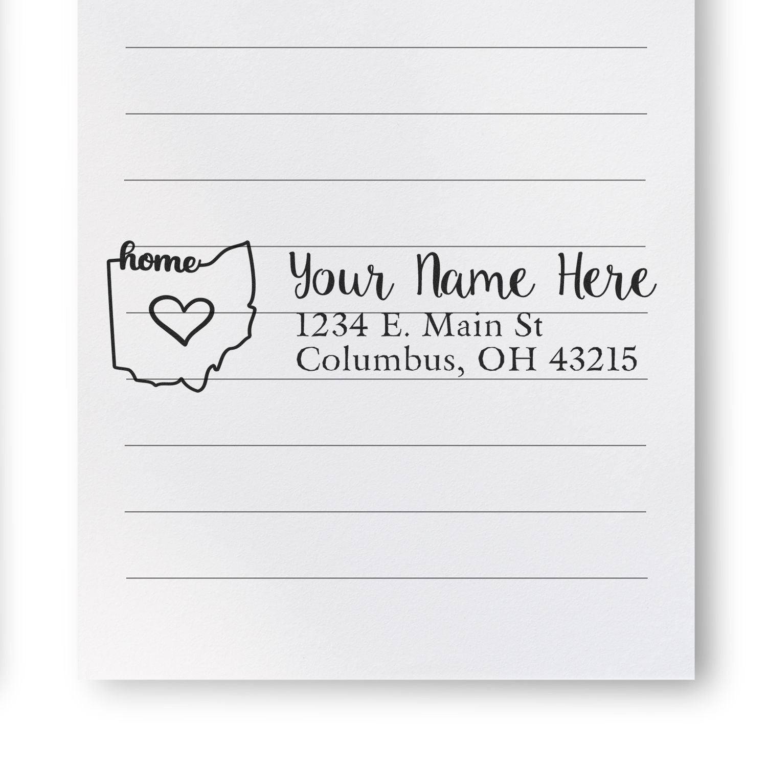 Personalized Ohio home return address rubber stamp design with heart and custom name and address.