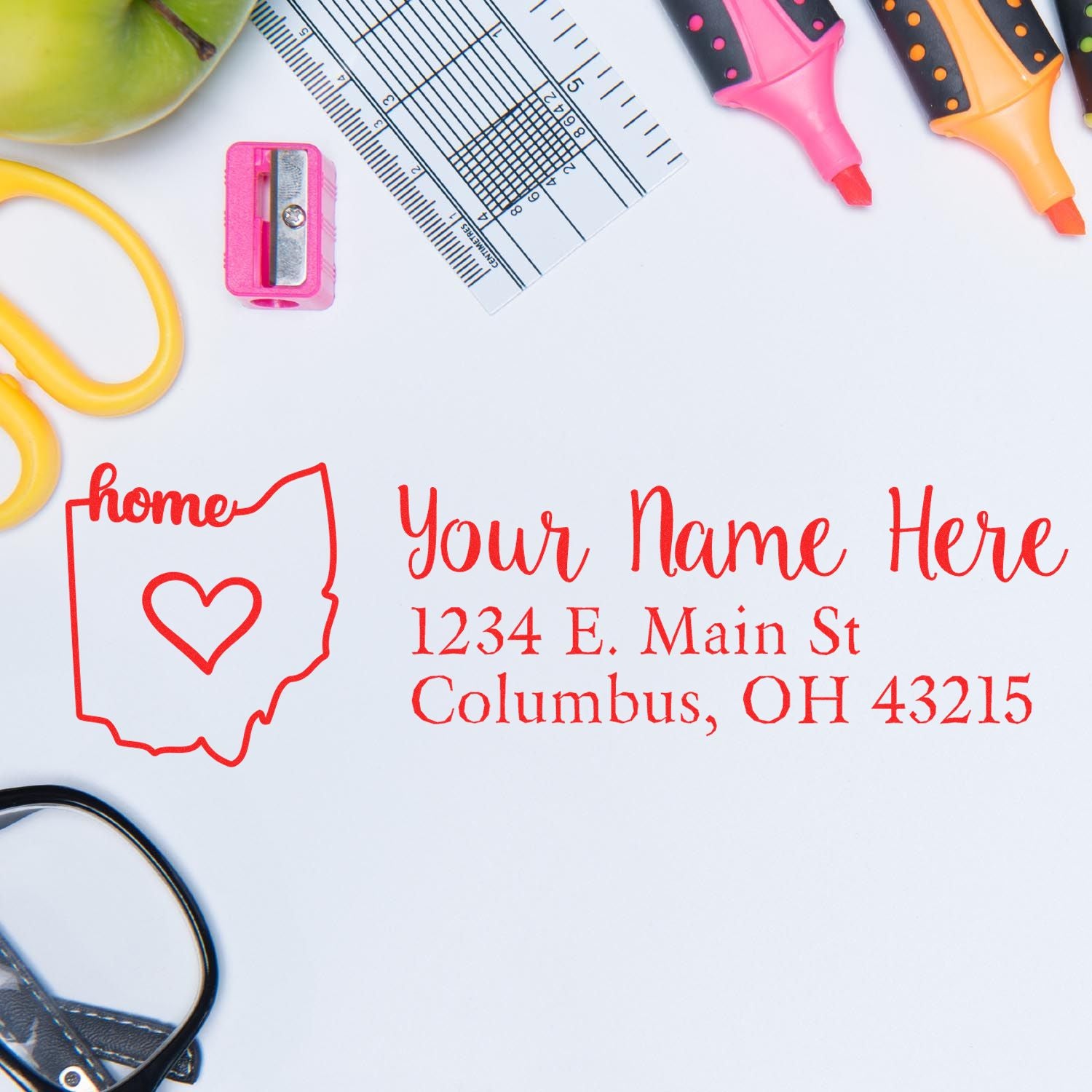 Custom Ohio address rubber stamp with heart, name, and return address for personalized mailing and stationery.