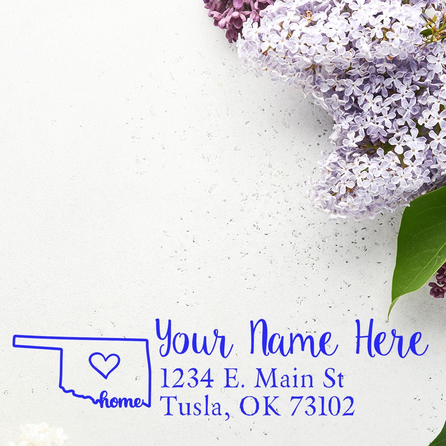 Custom return address rubber stamp with Oklahoma home icon, name, and address for mailing and home correspondence.