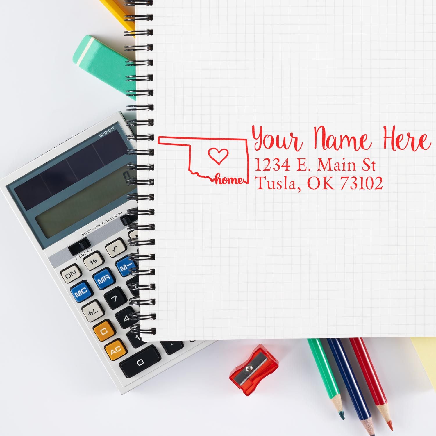 Custom Oklahoma return address rubber stamp with home state outline and personalized name and address.