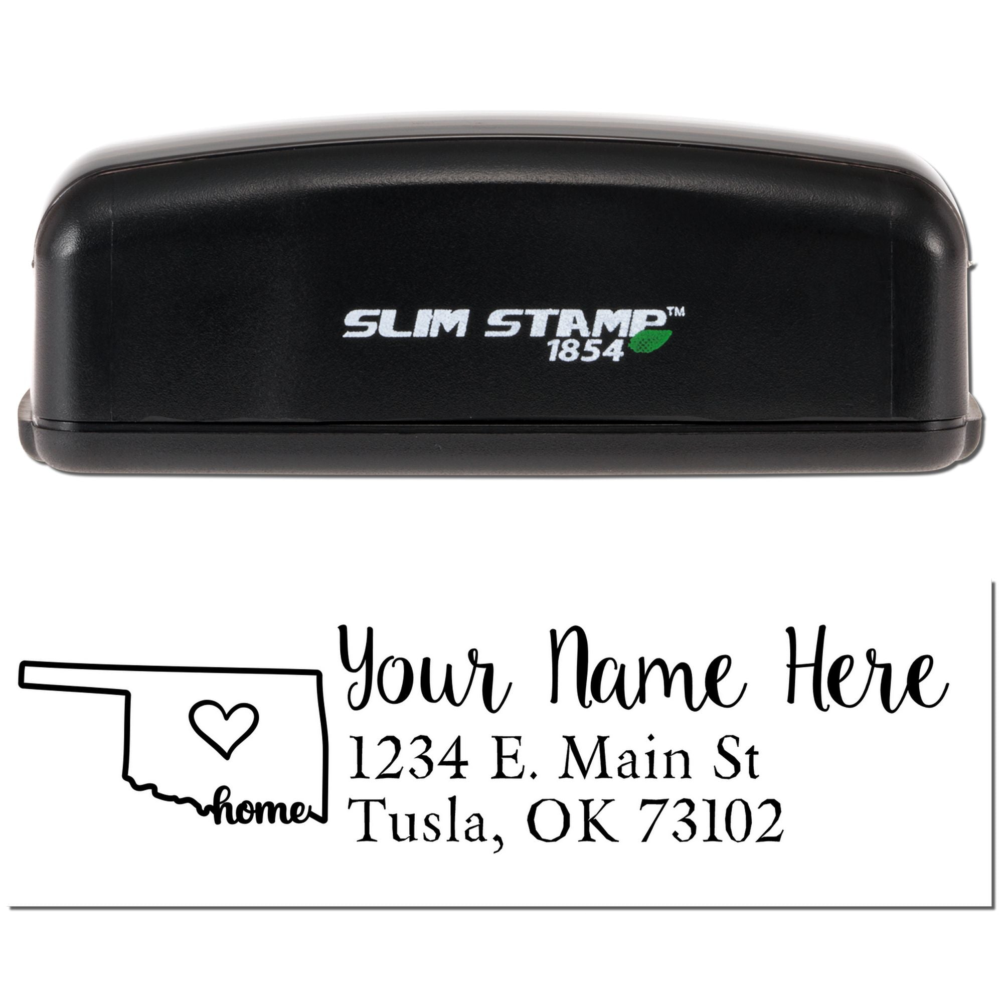 Custom address rubber stamp with Oklahoma home icon, name, and address for personalized mail and stationery.