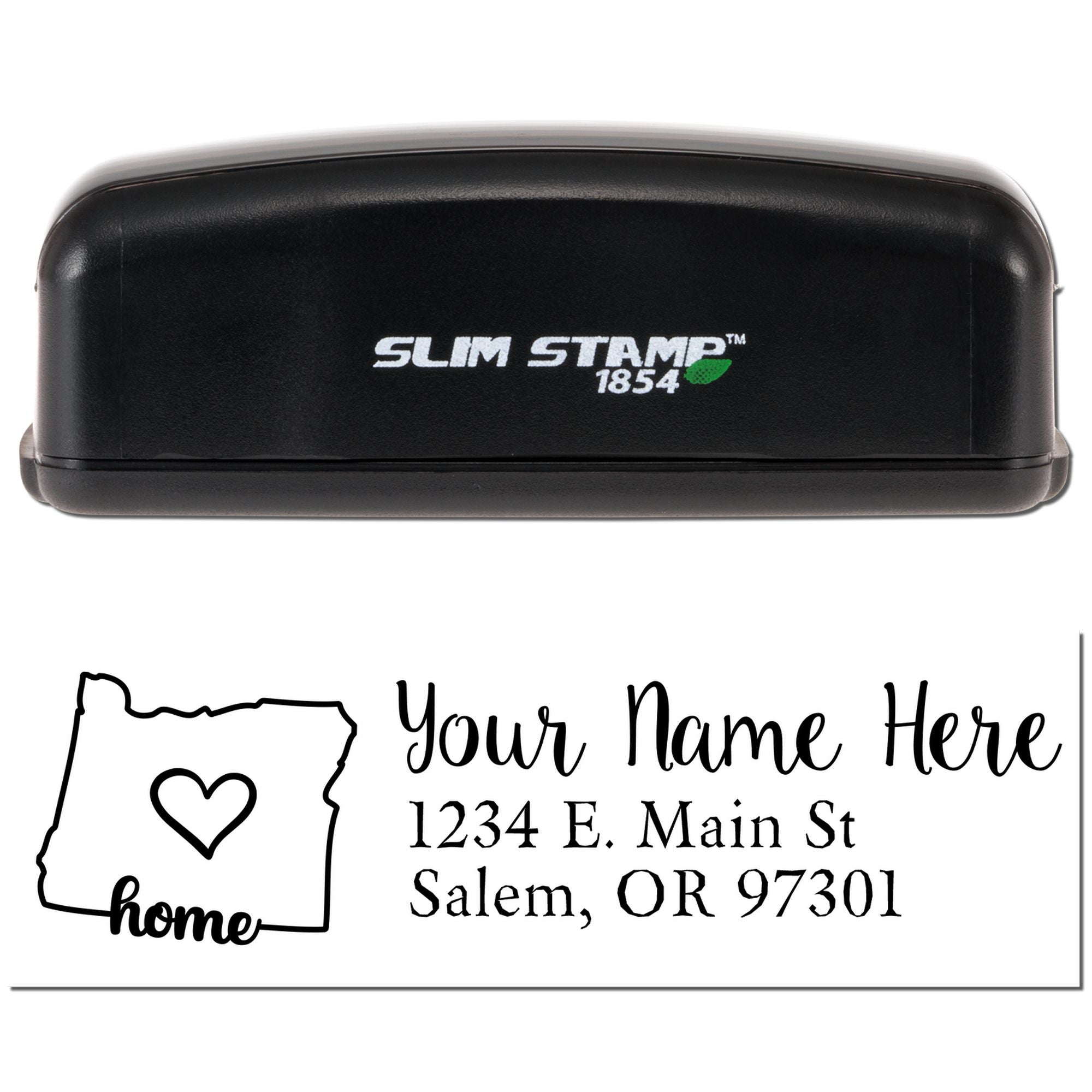 Personalized Slim Stamp 1854 rubber return address stamp with Oregon home design and Salem, OR 97301 imprint.