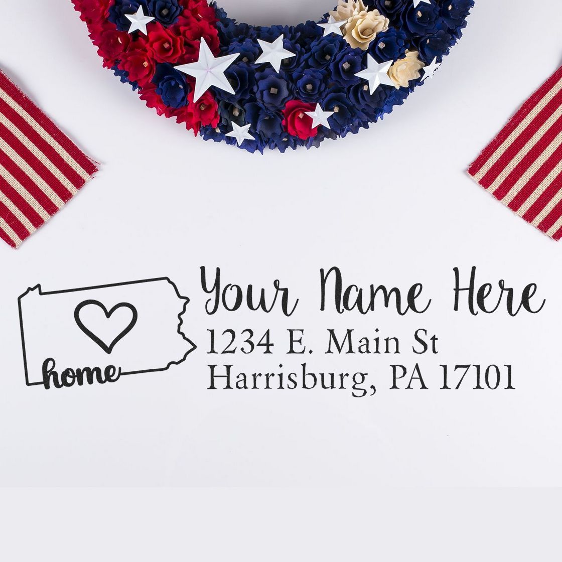 Personalized Pennsylvania home address rubber stamp with heart icon for return mailing and custom stationery.