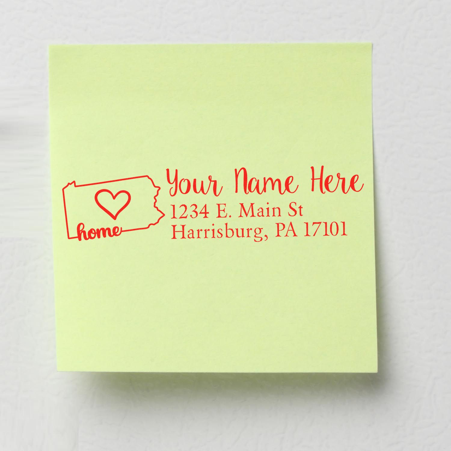 Custom return address rubber stamp with home icon and heart, personalized with name and Harrisburg, PA address.
