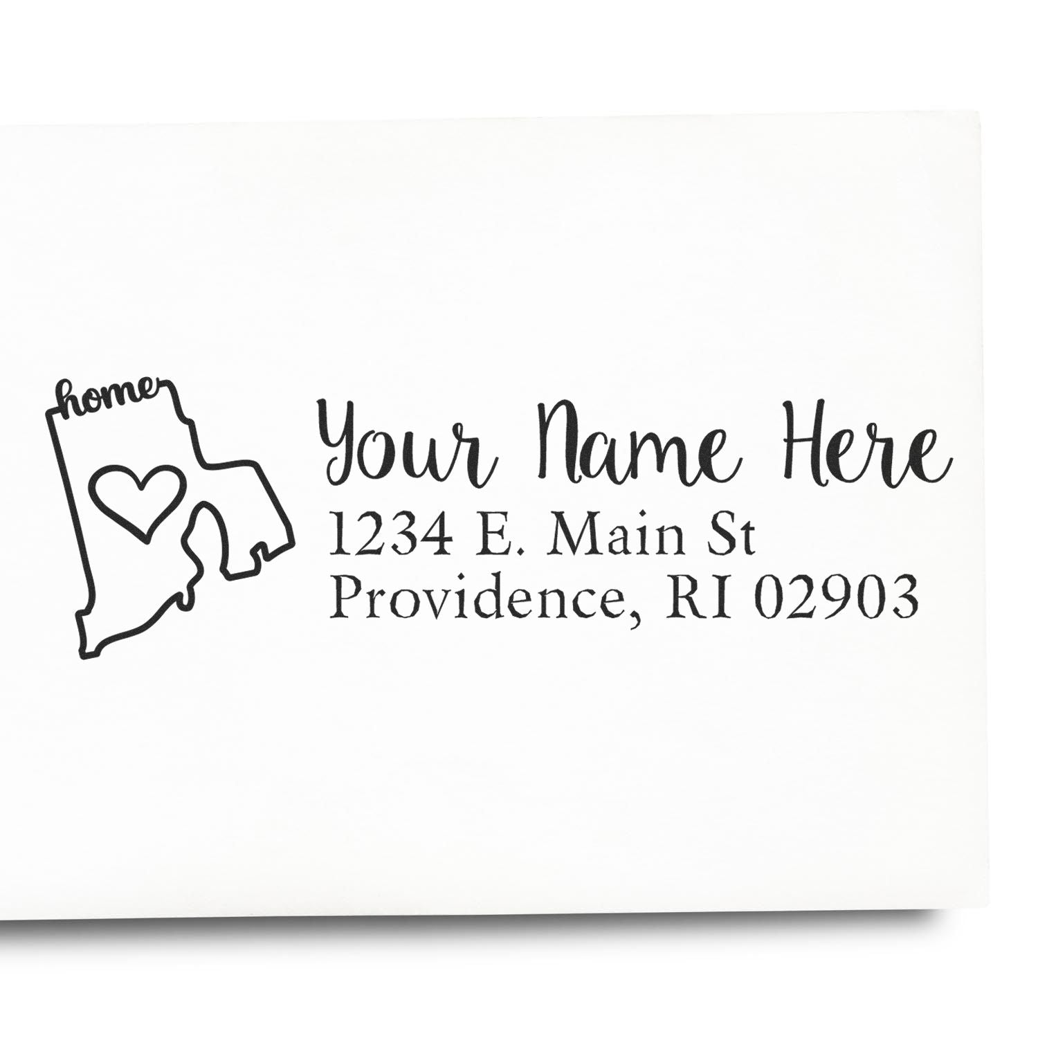 Custom return address rubber stamp with home icon, personalized name, and Providence, RI mailing address
