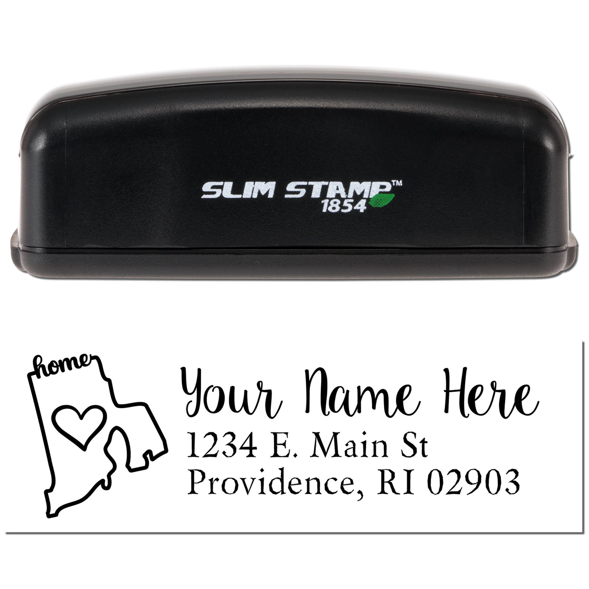 Slim Stamp 1854 custom address rubber stamp with Home outline, personalized name, street address, city, and ZIP code.